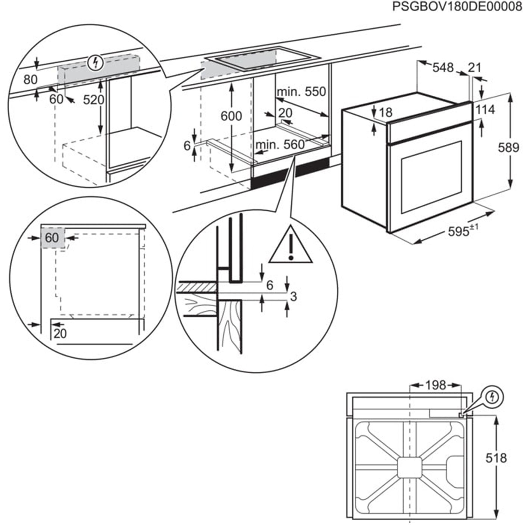 Schema di un forno che mostra dimensioni e dettagli di installazione, con annotazioni.