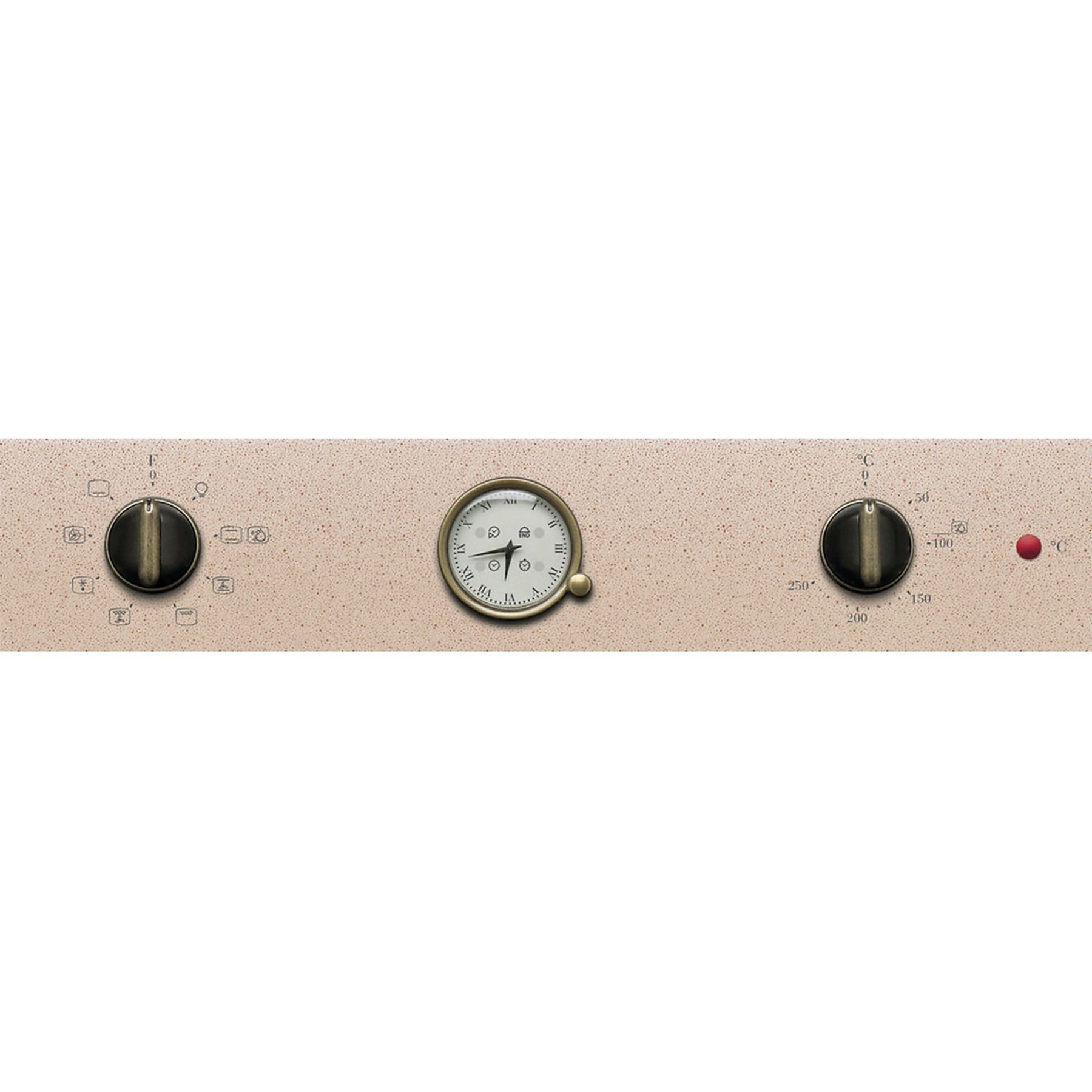 Pannello comandi forno beige con manopole, orologio e indicatore temperatura.