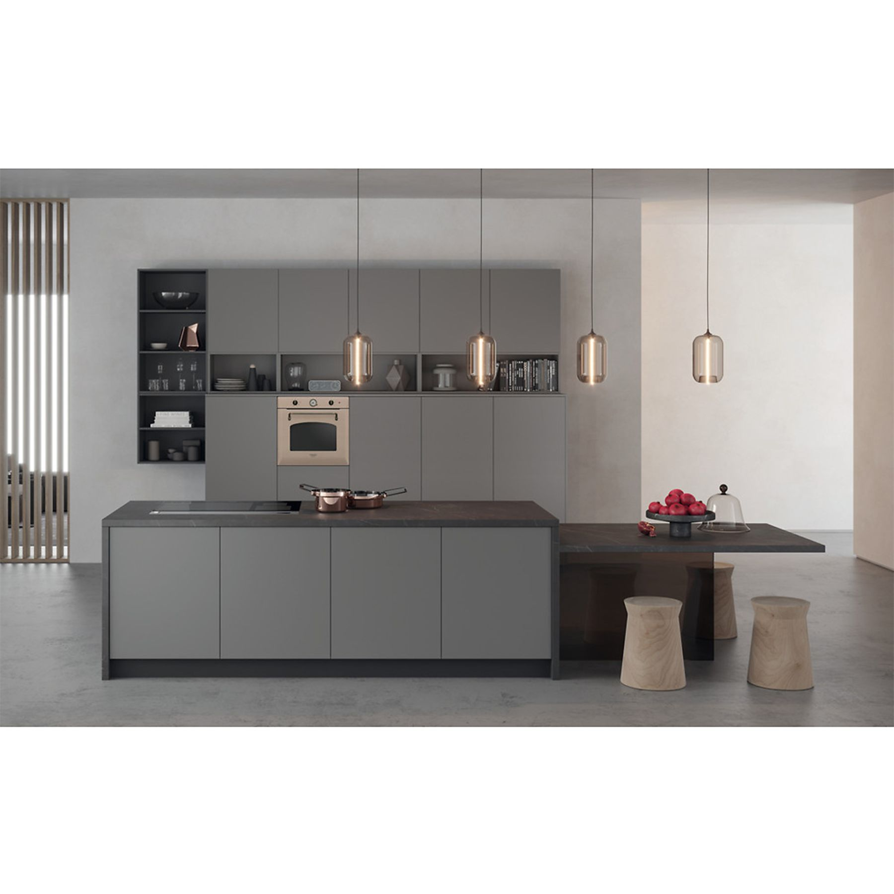 Cucina moderna con mobili grigi, un'isola e lampade a sospensione.