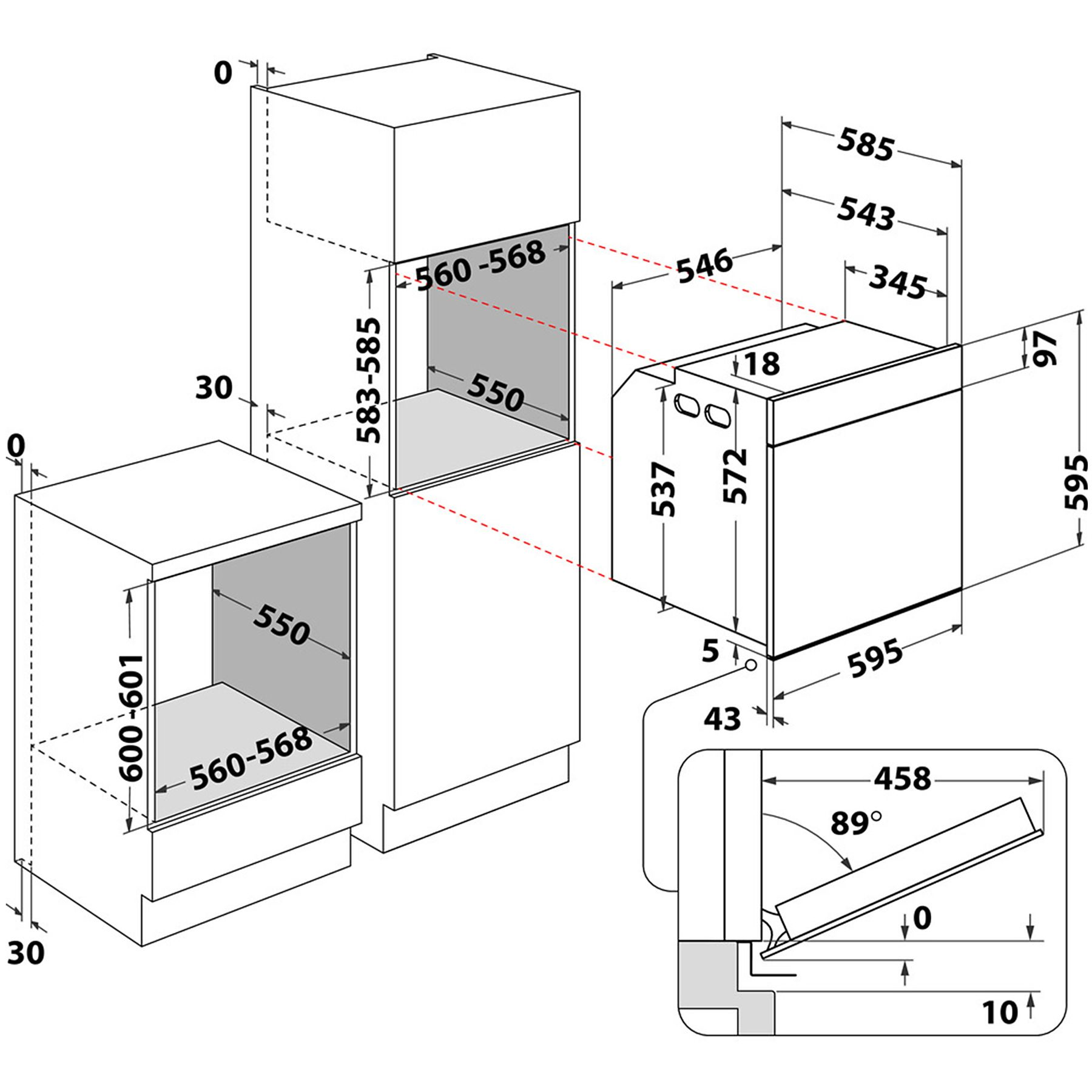 Disegni tecnici delle dimensioni del forno e del mobile. Include contorni del mobile e del forno con misure.