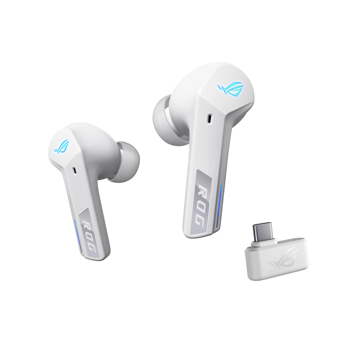 Auricolari wireless bianchi con custodia di ricarica su sfondo bianco.