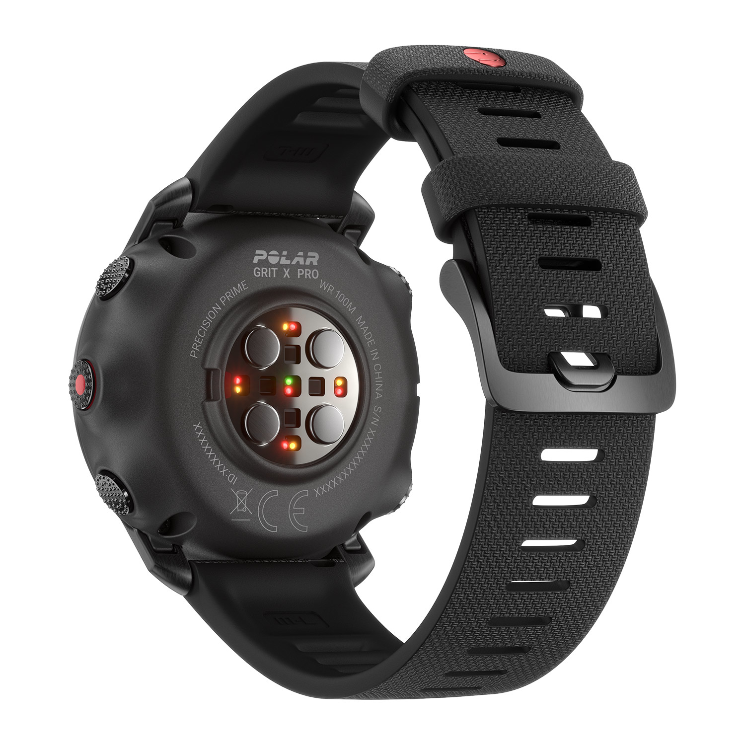 Czarny smartwatch Polar Grit X Pro, widok z tyłu. Posiada czujniki, przyciski i pasek.