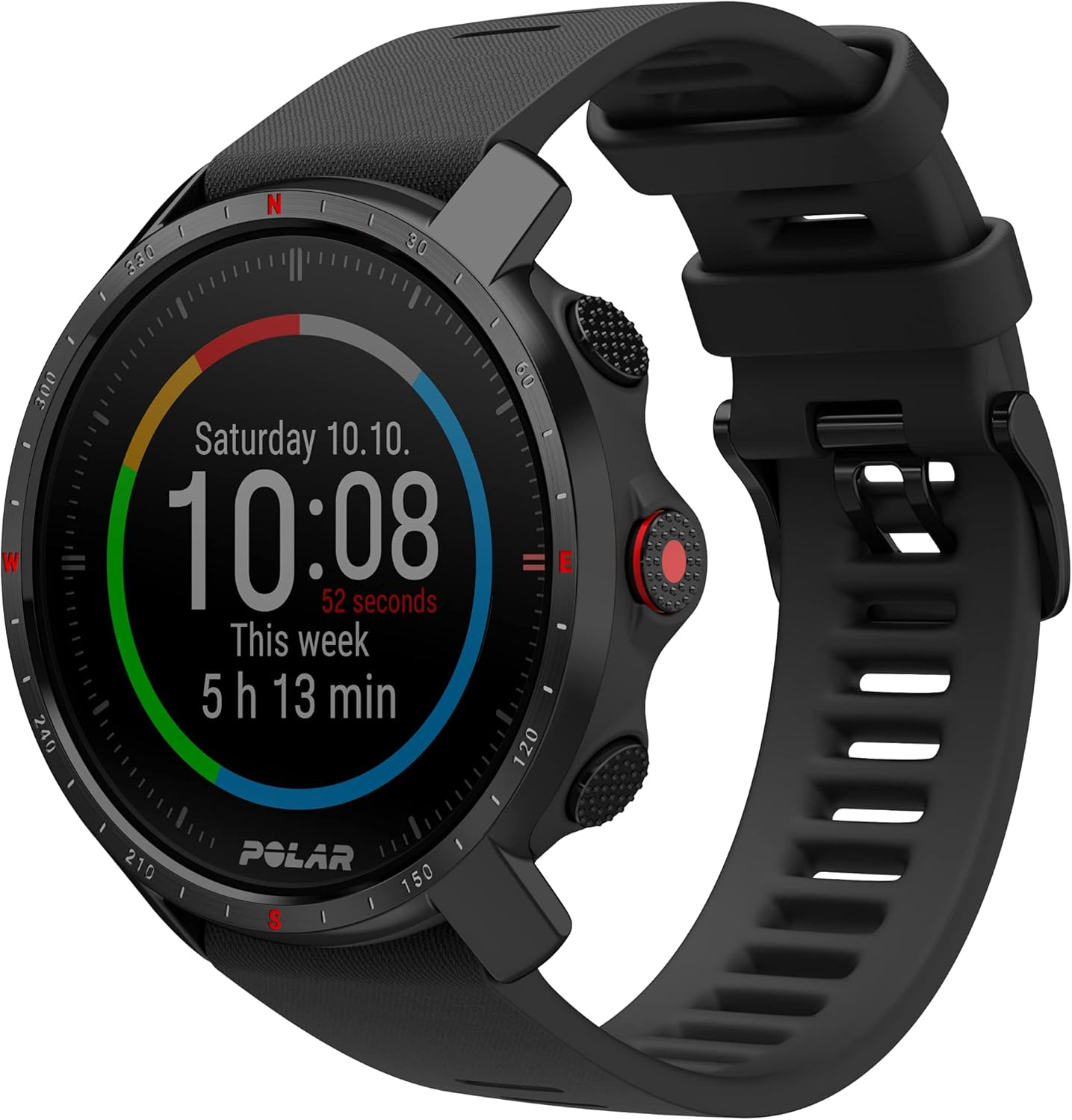 Czarny smartwatch Polar z kolorowym wyświetlaczem, czasem, datą i szczegółami tętna, na białym tle.