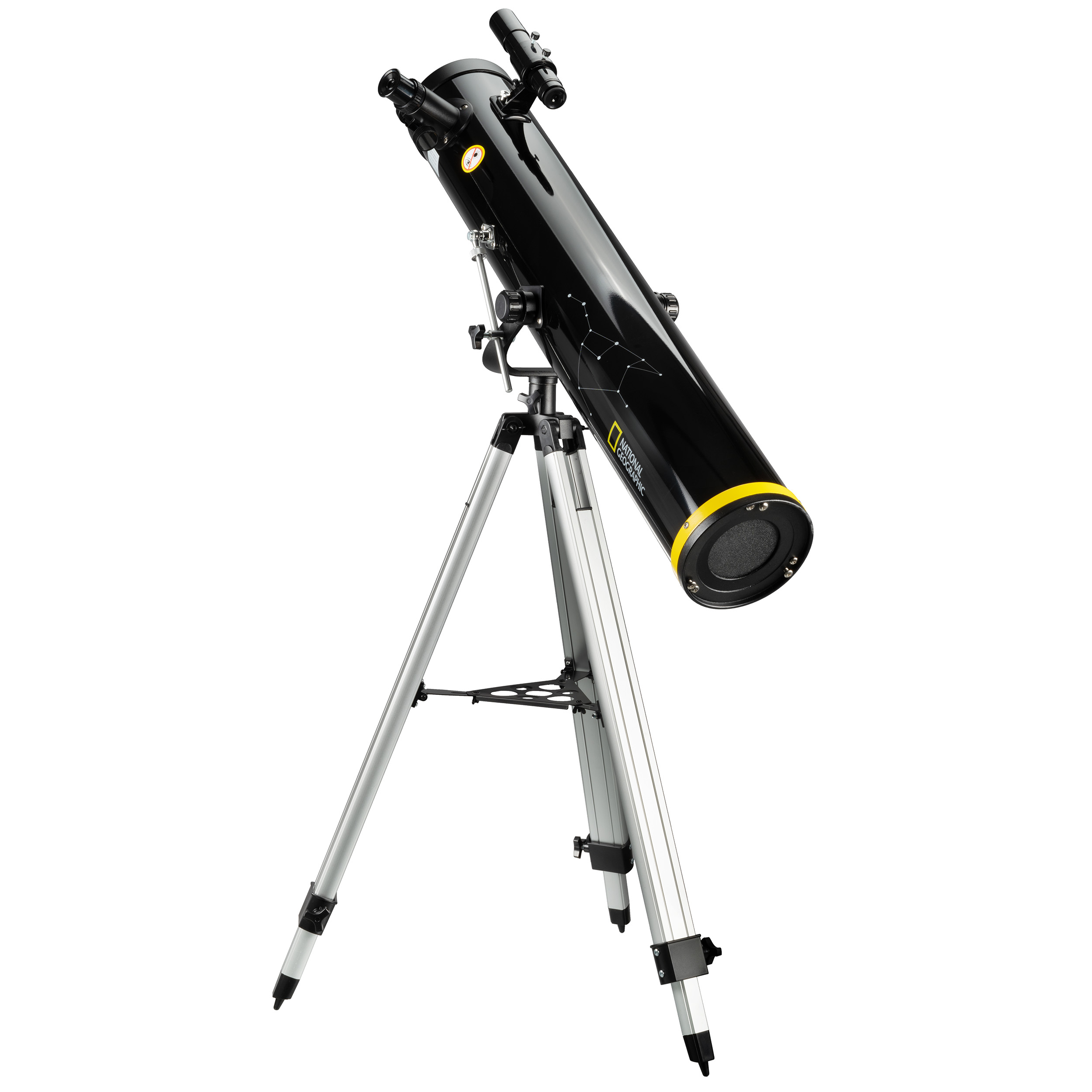 Un telescopio nero su un treppiede con dettagli gialli, rivolto verso lo spettatore.