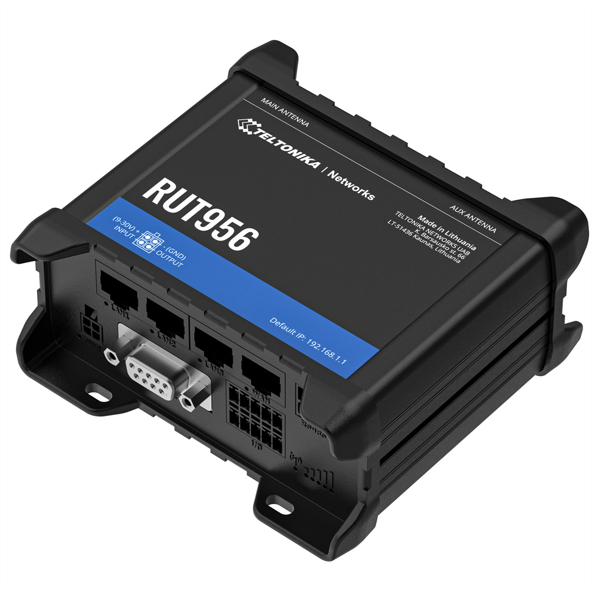 Zwarte netwerkrouter met verschillende poorten en aansluitingen. Heeft een blauw label met witte tekst.