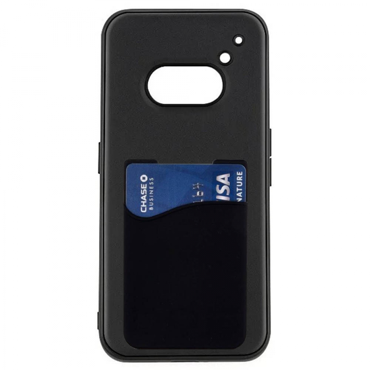Schwarze Handyhülle mit Kreditkarte in einer Tasche. Die Karte ist Chase Business. Die Hülle ist schwarz.