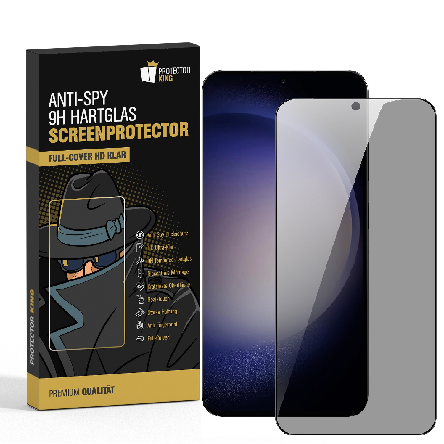 Box mit Anti-Spy Screen Protector Text. Telefon und Schutzfolie neben der Box. Spion und Telefon in Grau.