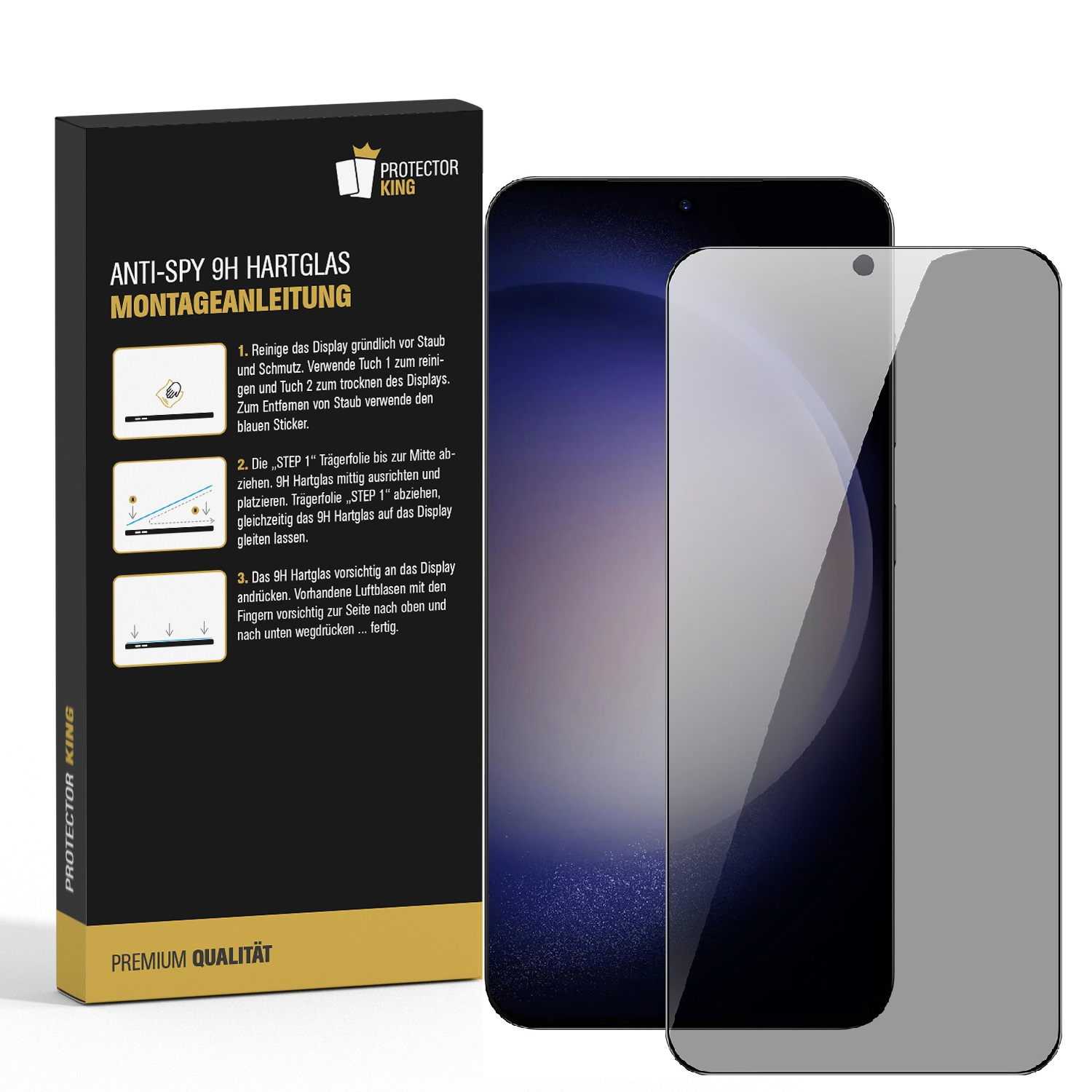 Ein Telefon mit Displayschutzfolie und eine Box mit Anweisungen und einem Diagramm.