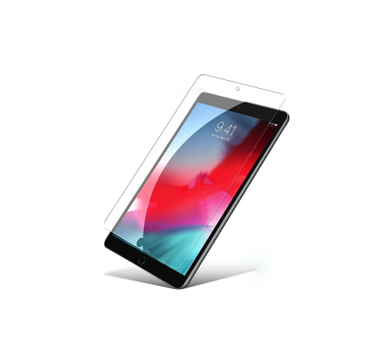 Ein iPad mit einem Displayschutz darüber, nach links abgewinkelt. Weißer Hintergrund.