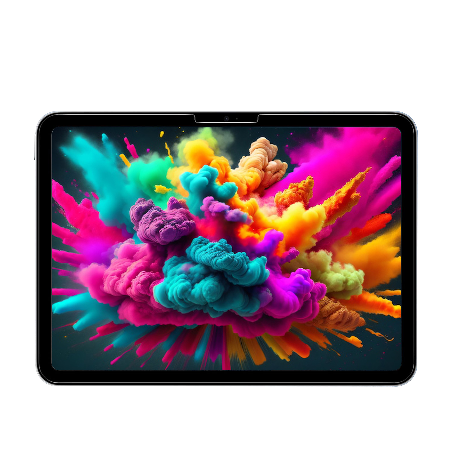 Tablet zeigt farbenfrohe Explosion. Helle rosa, orange, blaue und grüne Wolken platzen vom Bildschirm.
