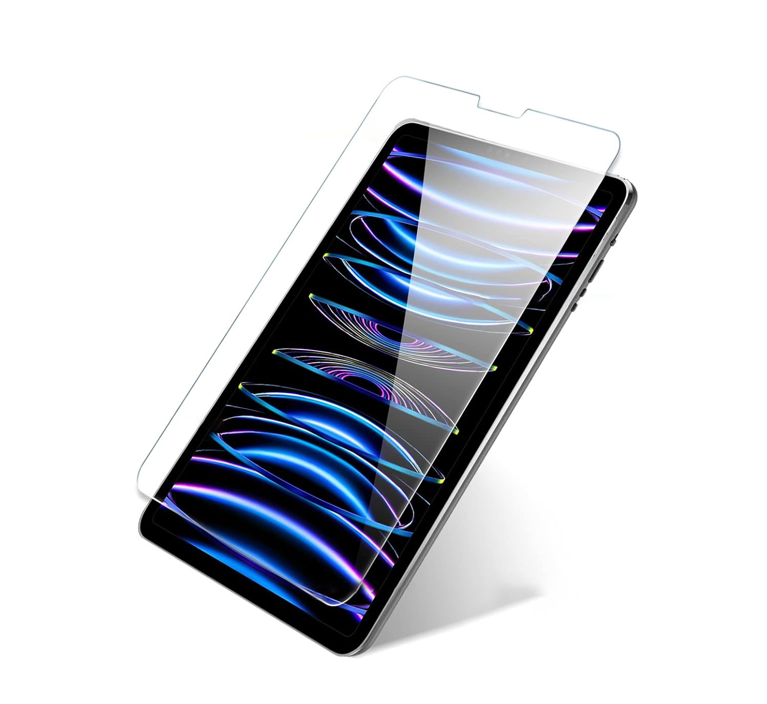 Tablet mit angebrachter Displayschutzfolie. Der Bildschirm zeigt ein farbenfrohes, abstraktes Design. Weißer Hintergrund.