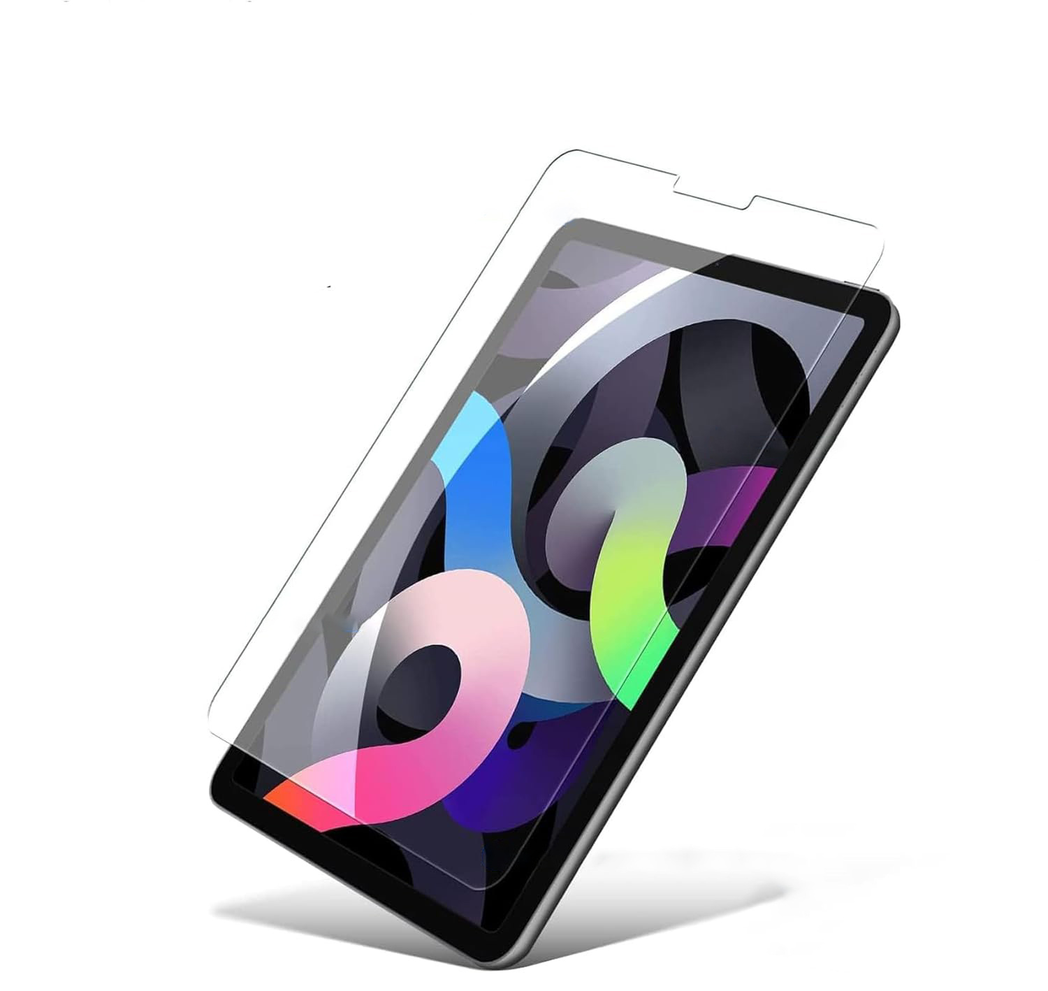 Ein iPad mit angebrachtem Displayschutz. Der Bildschirm zeigt ein farbenfrohes abstraktes Design. Der Schutz ist klar.