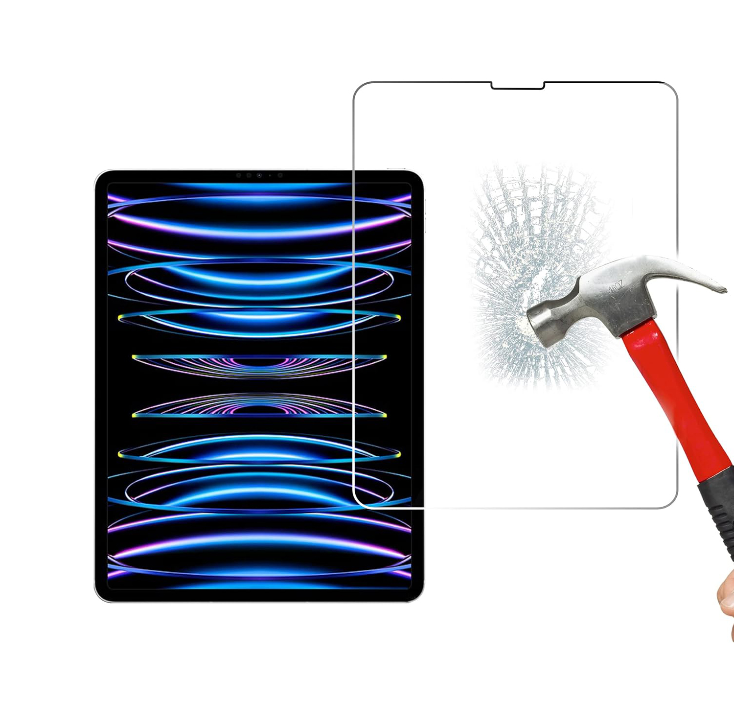 Ein Tablet mit Displayschutzfolie. Ein Hammer ist kurz davor, die Glasschutzfolie zu treffen.