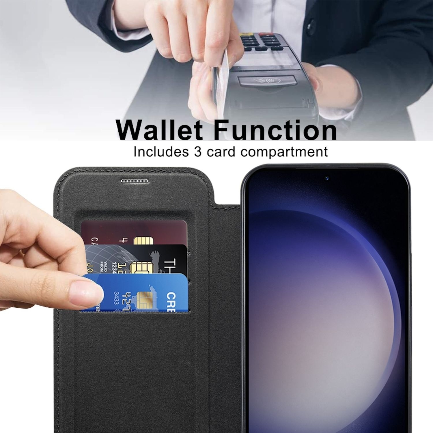 Eine Hand steckt eine Kreditkarte in eine Handyhülle mit Kartenf ächern. Der Bildschirm des Telefons ist sichtbar.