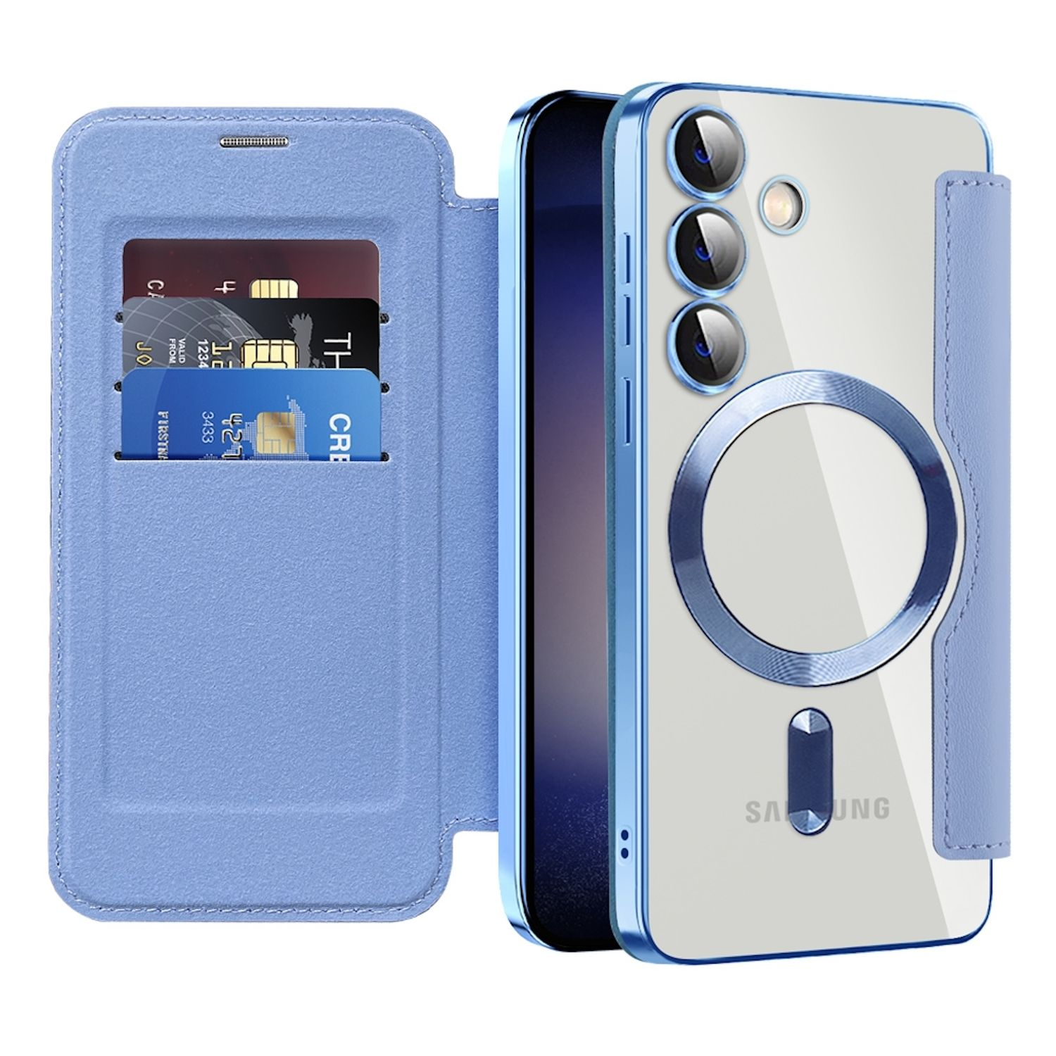 Handyhülle mit Karten und Handy. Hülle ist blau, Handy hat mehrere Kameras. Hintergrund ist unscharf.
