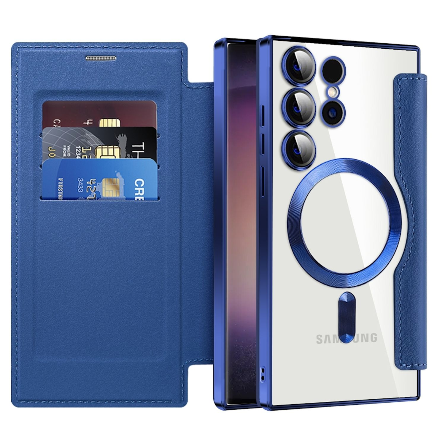 Eine blaue Handyhülle mit Kartenhalter und einem Telefon darin. Das Telefon ist blau und transparent.