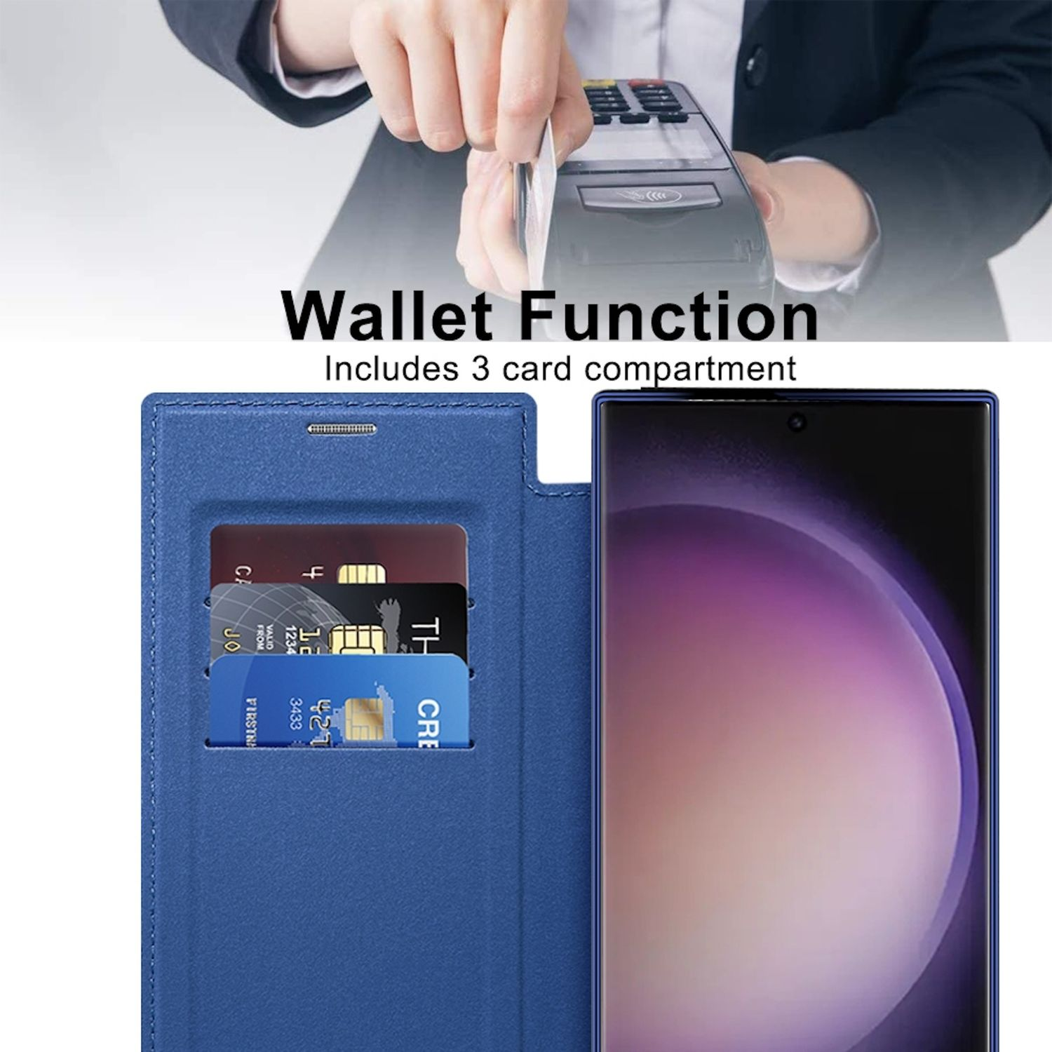 Eine blaue Handyhülle mit Kreditkarten und einem Handy darin. Die Hülle hat drei Kartenfächer.
