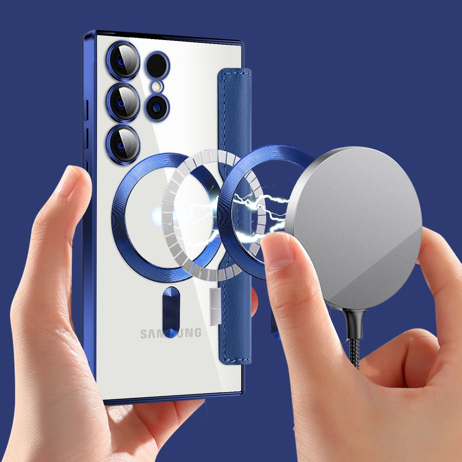 Ein Telefon in einem blauen Gehäuse mit einem Ladepad und einer Hand, die das Pad in der Nähe des Telefons hält.