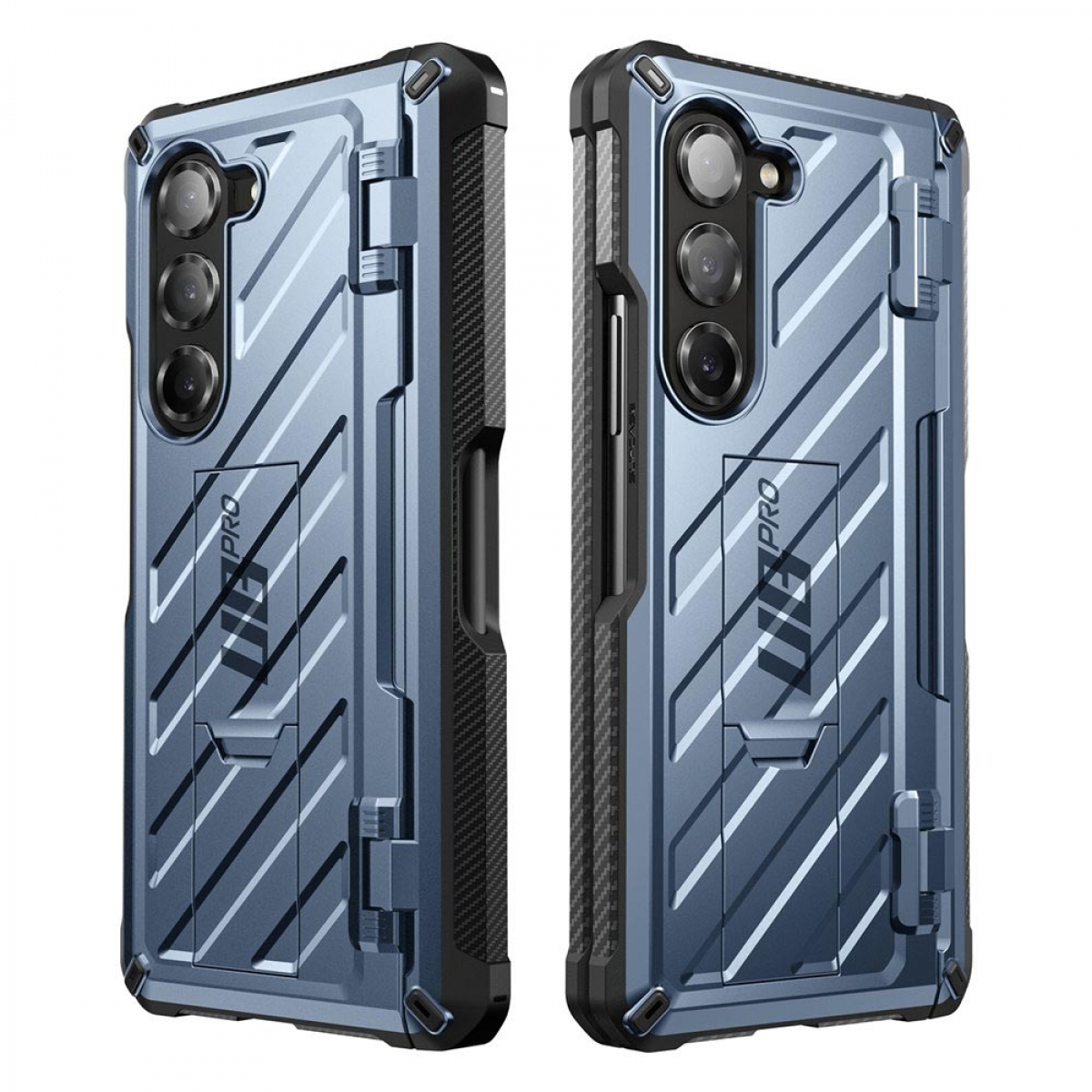 Zwei blaue Schutzhüllen für Telefone, nebeneinander, vor weißem Hintergrund.