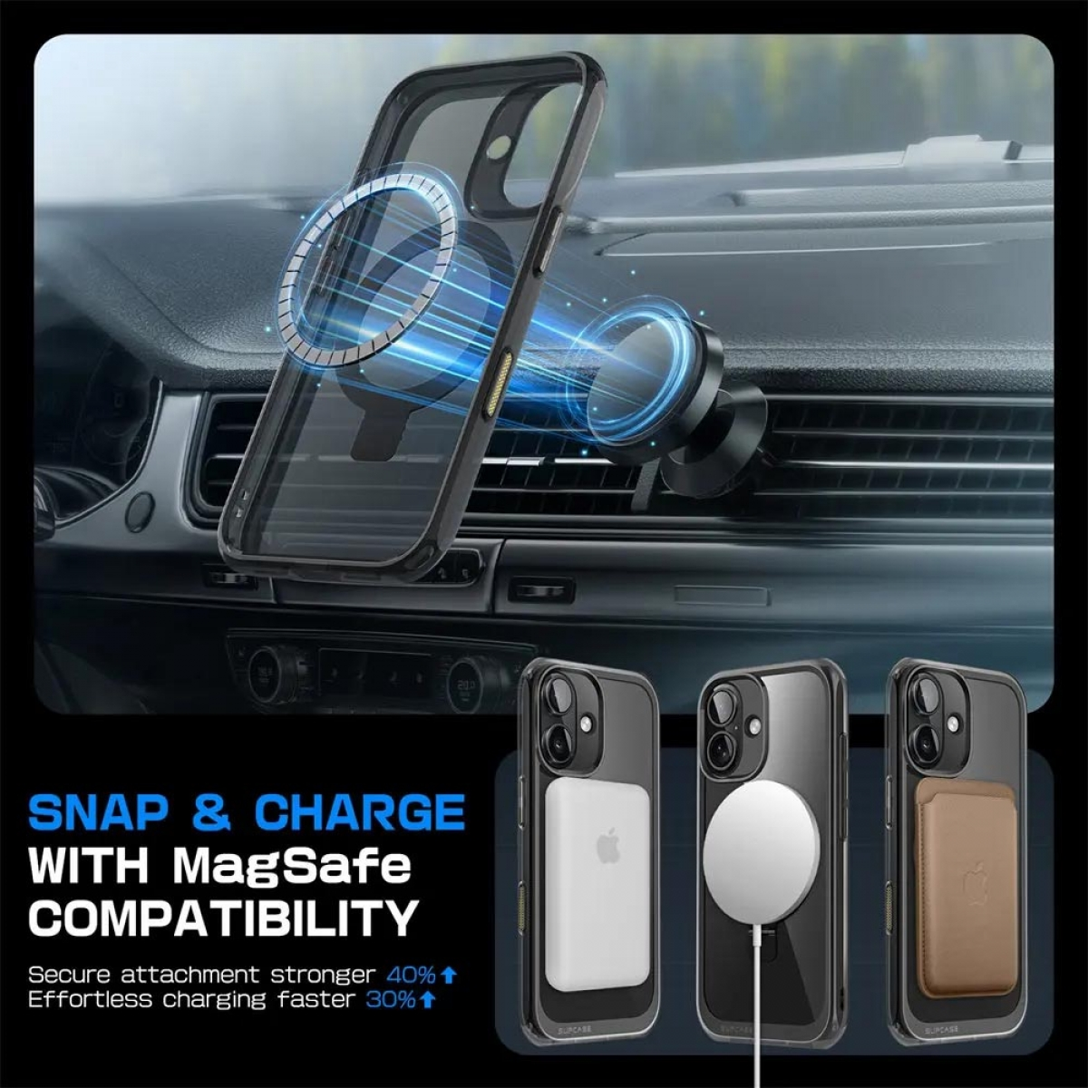Autointerieur mit Telefon und MagSafe-Ladegerät. Telefon am Ladegerät, Hintergrund ist Armaturenbrett.
