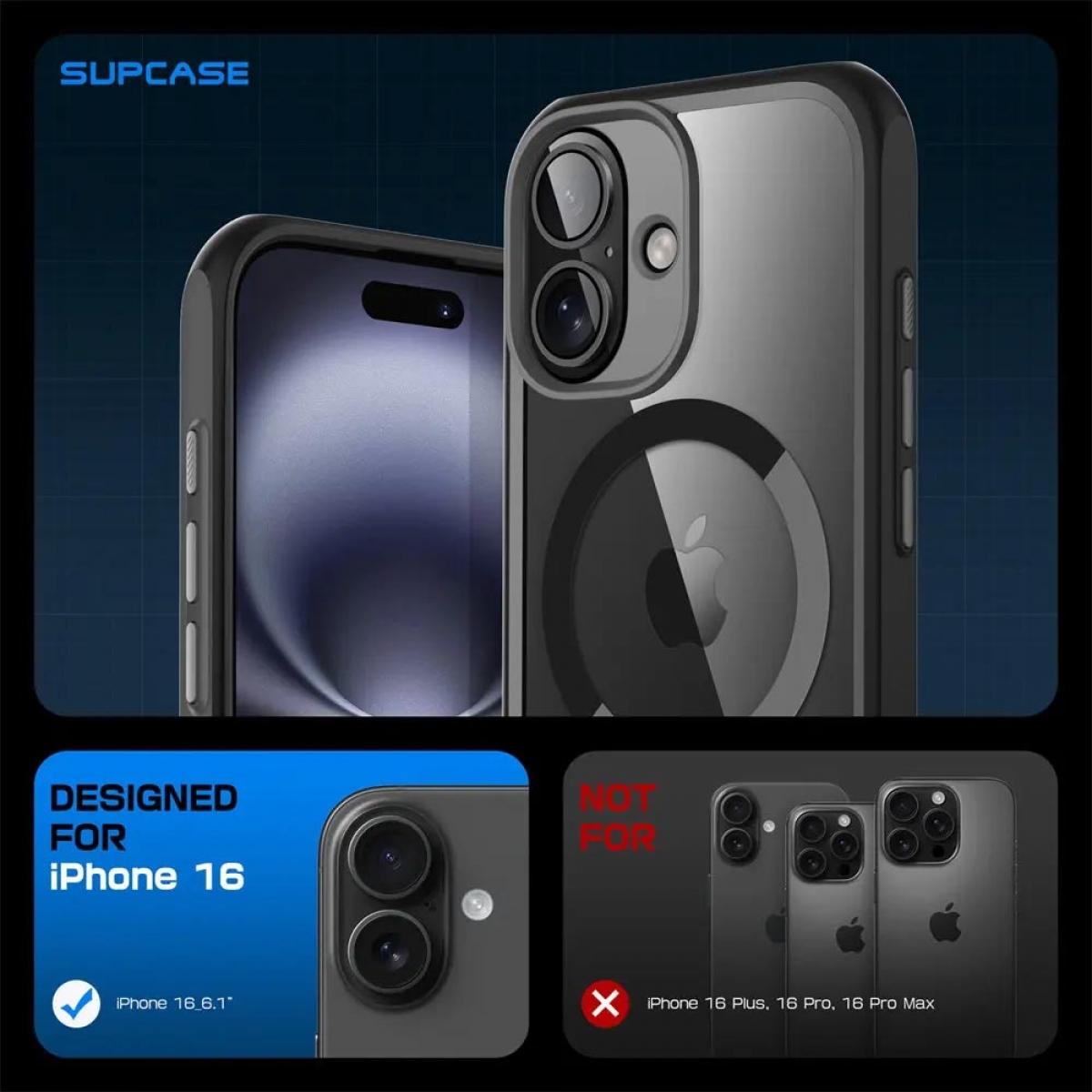 Schwarze Handyhülle mit Telefon. Entworfen für iPhone 16. Nicht für iPhone 16 Plus, Pro, Pro Max.