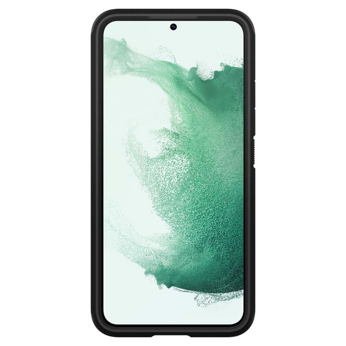 Czarny smartfon z ekranem wyświetlającym zielony wzór, obramowany czarną obudową.