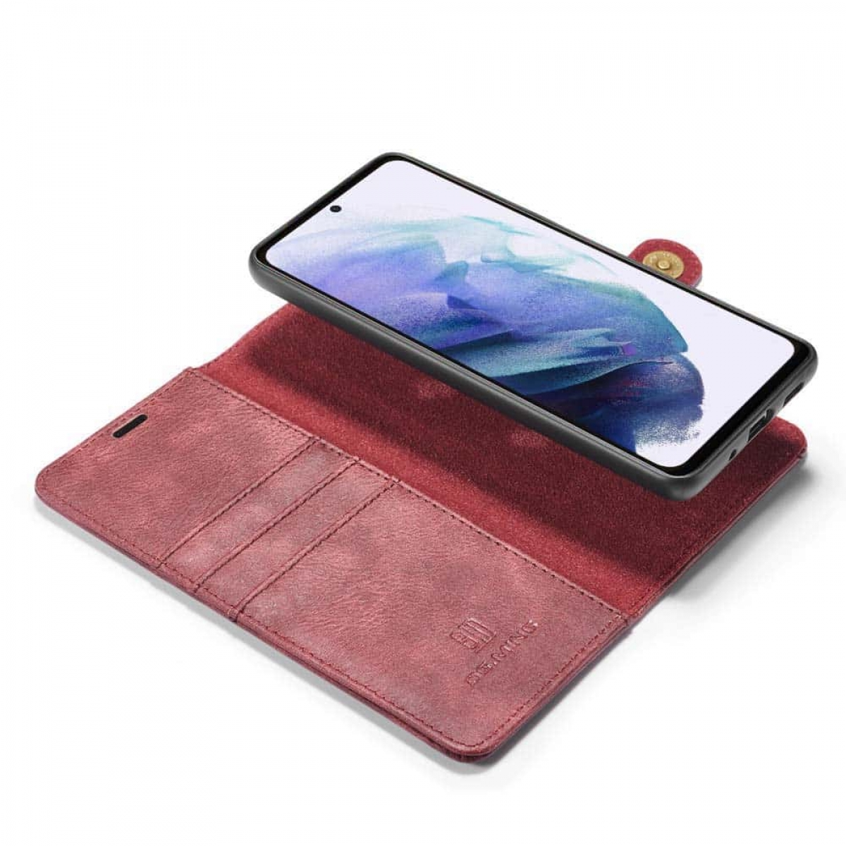 Rotes Leder-Handycase offen mit einem schwarzen Handy darin. Ein Knopf ist auf dem Case.