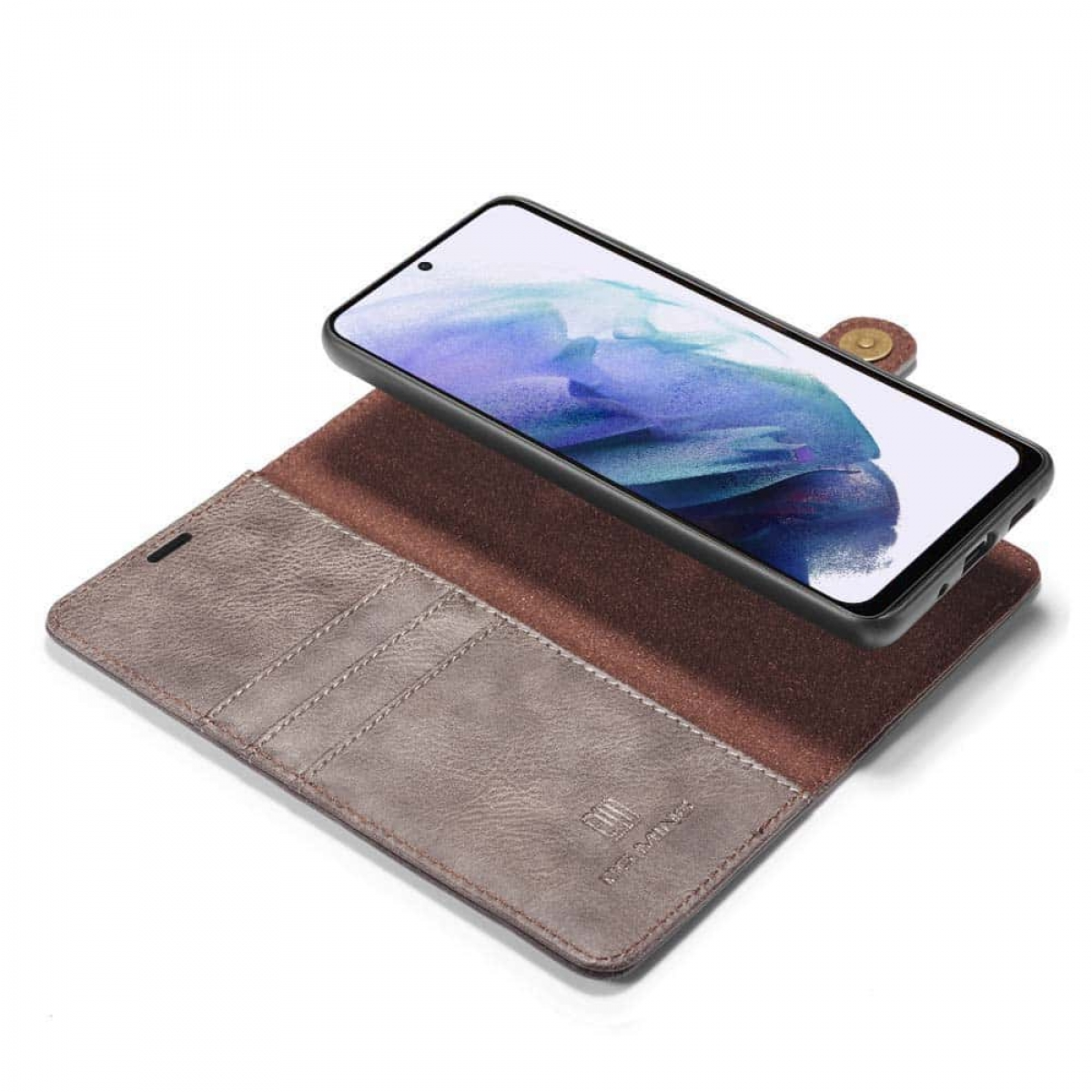 Telefon in einer braunen Brieftasche. Das Etui ist geöffnet und zeigt den Bildschirm.