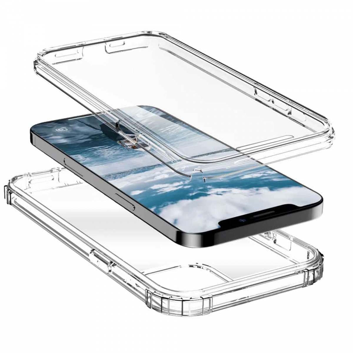 Telefon in einer transparenten Schutzhülle, in Schichten dargestellt.
