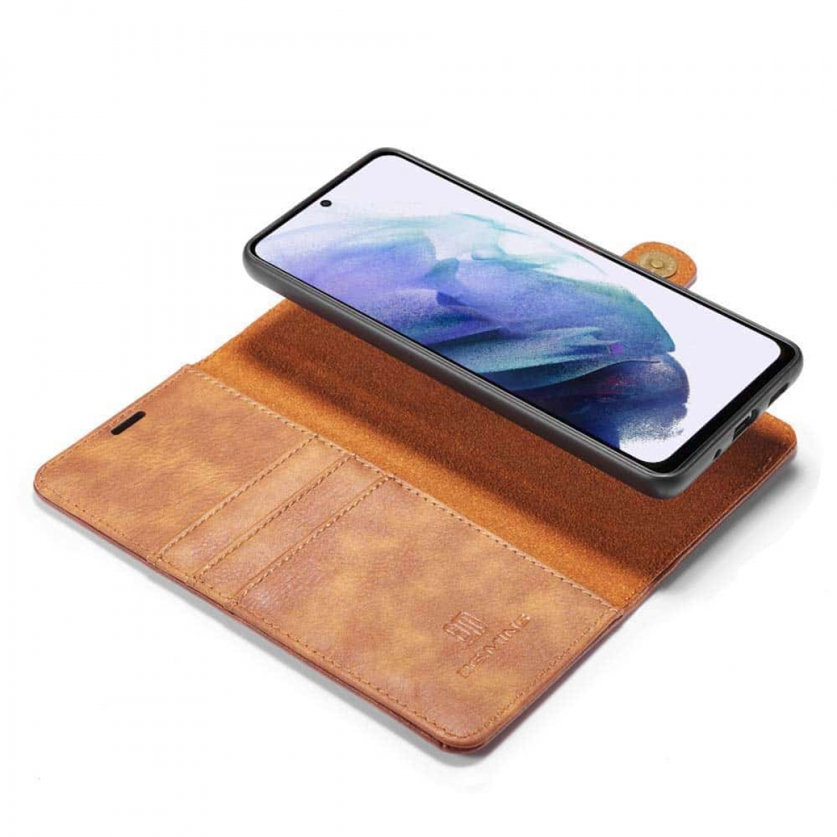 Telefon in einem braunen Brieftaschenetui. Das Etui ist geöffnet und zeigt den Bildschirm.