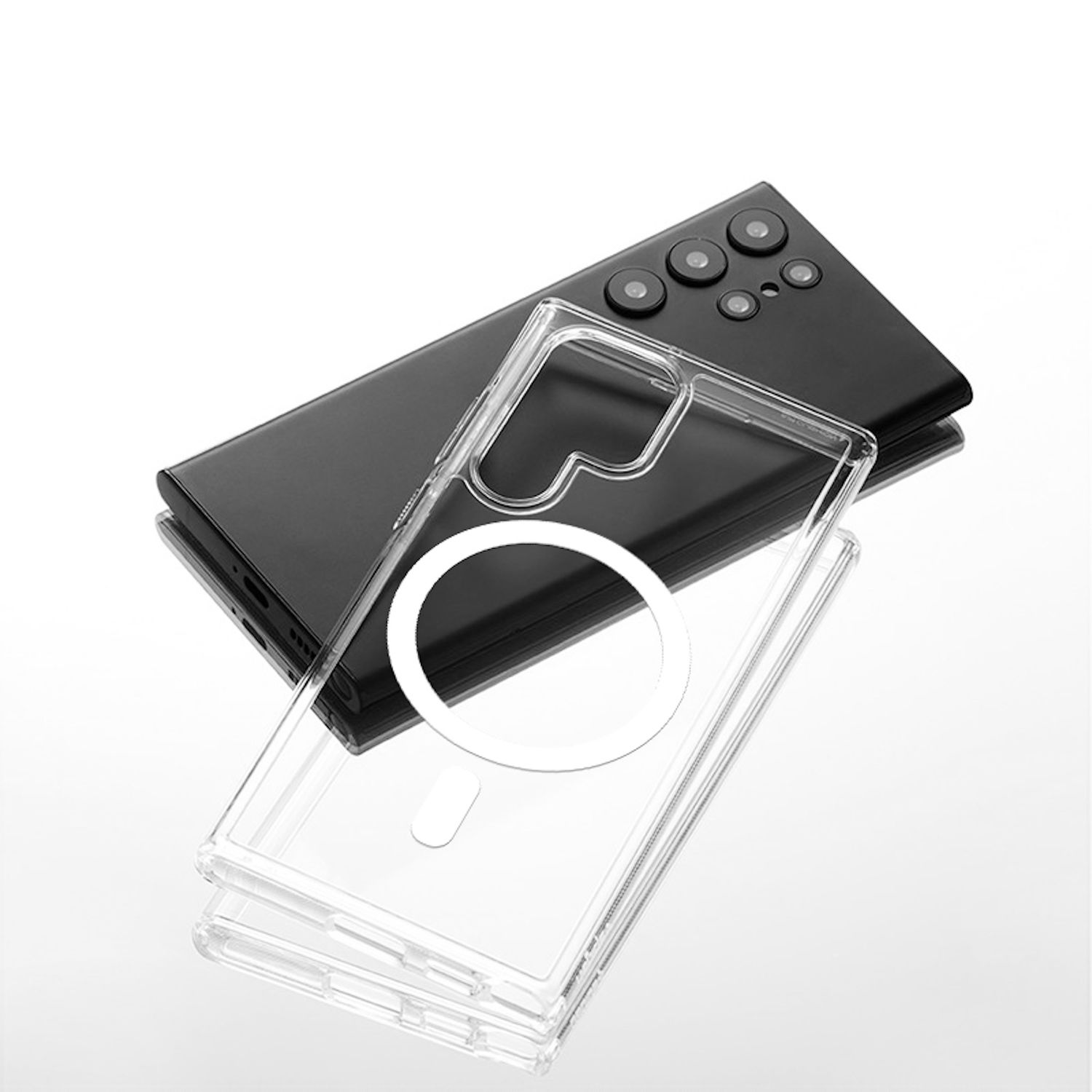 Ein schwarzes Smartphone liegt auf einer schwarzen Handyhülle. Die Hülle ist transparent, auf weißem Grund.
