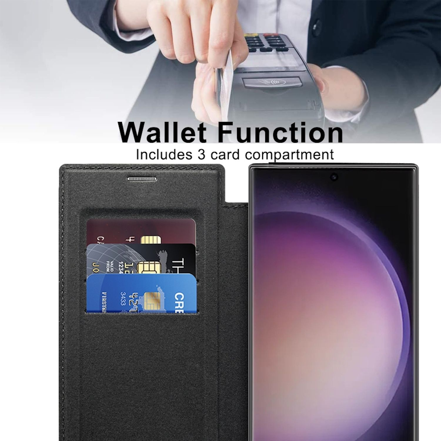 Eine Person, die ein Kartenlesegerät hält, und eine Handytasche mit sichtbaren Karten.