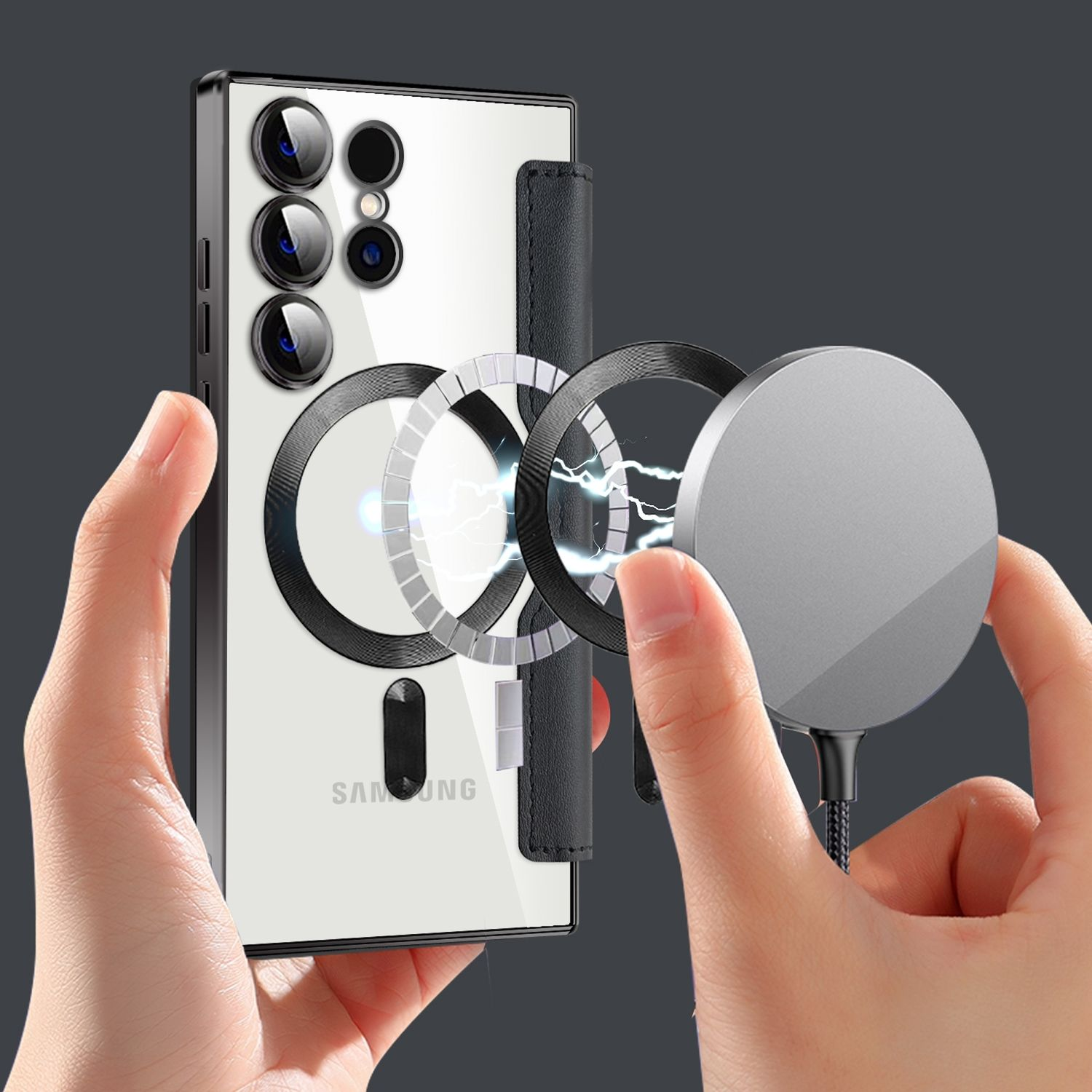 Ein Telefon mit Hülle und ein kabelloses Ladegerät, mit sichtbarem Magnetring.