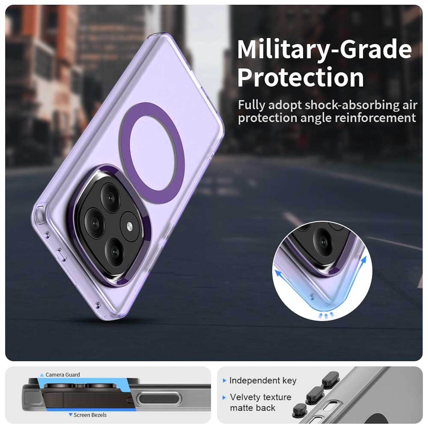 Funda transparente para teléfono con anillo morado y cámara negra. Protección de grado militar.