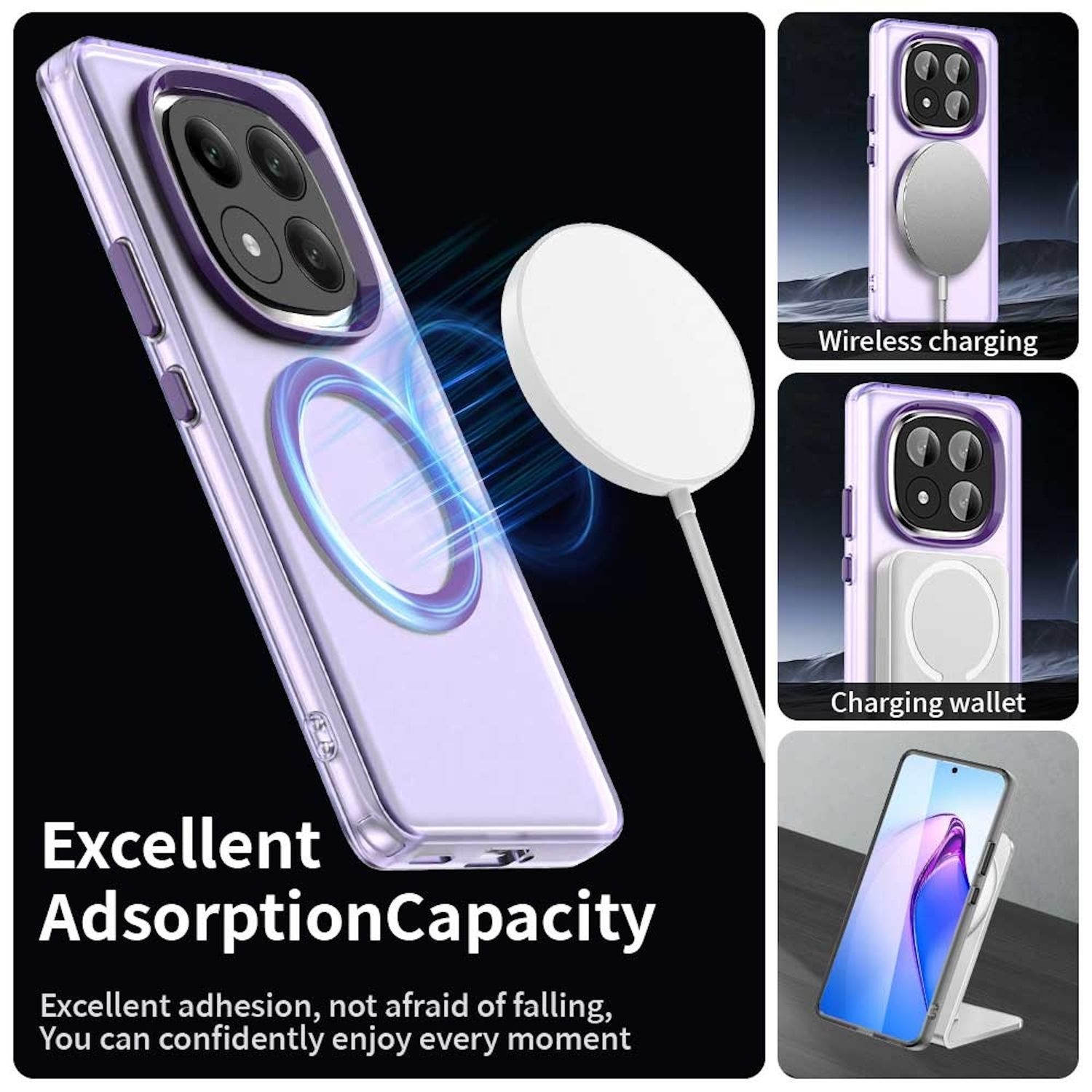 Funda de teléfono púrpura con un cargador blanco e imágenes de carga inalámbrica y cartera de carga.