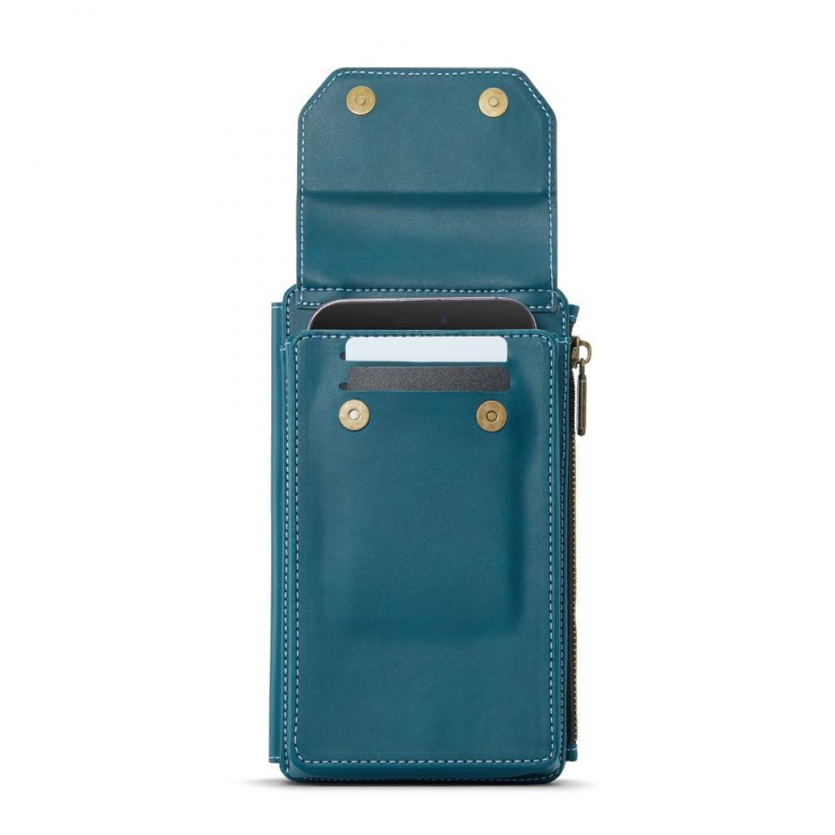 Eine tealblaue Leder-Handytasche mit Kartenfach und Reißverschluss. Die Tasche ist geöffnet und zeigt die Innenseite.