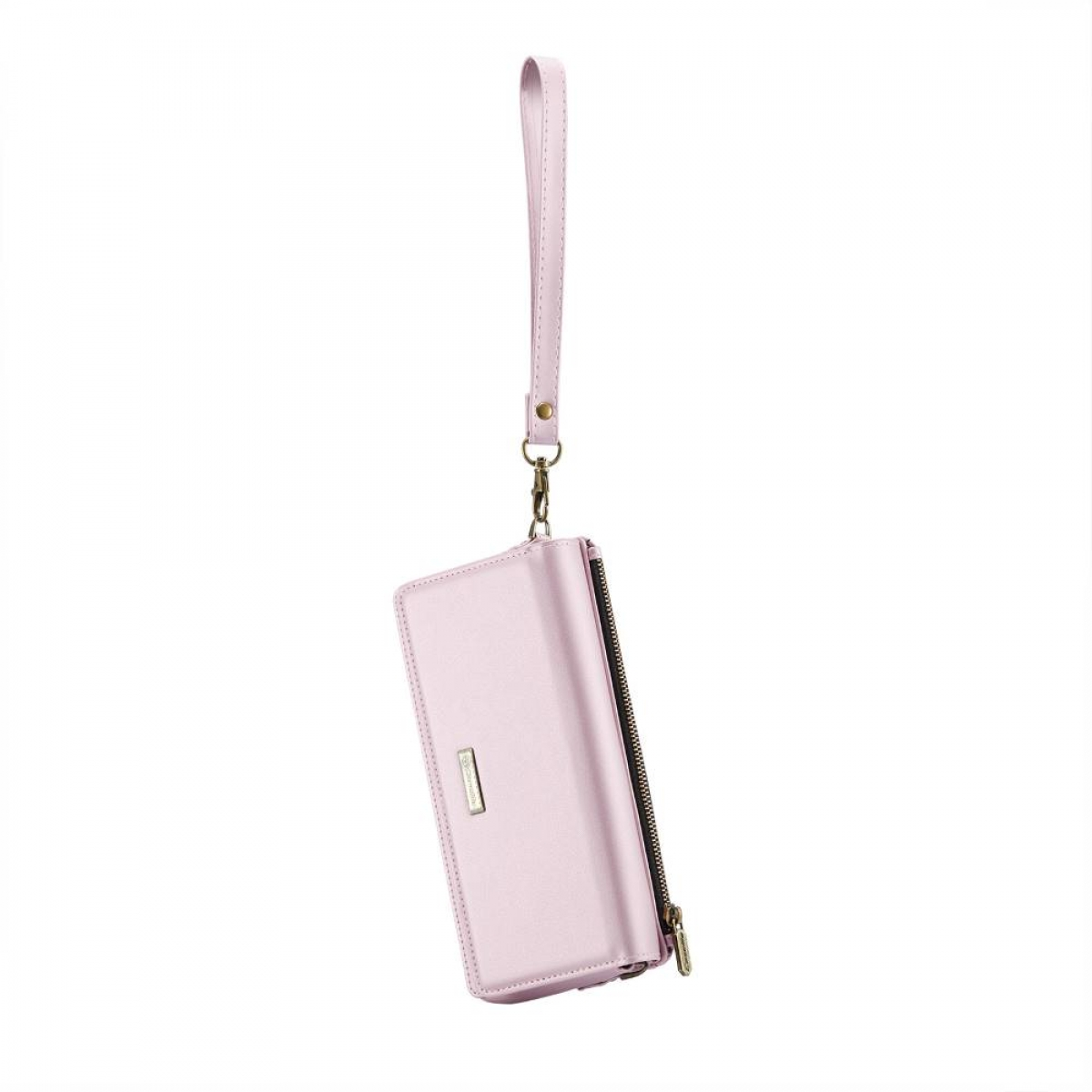 Eine pinke Brieftaschen-Handyhülle mit Handschlaufe hängt vor weißem Hintergrund. Sie ist teilweise geschlossen.
