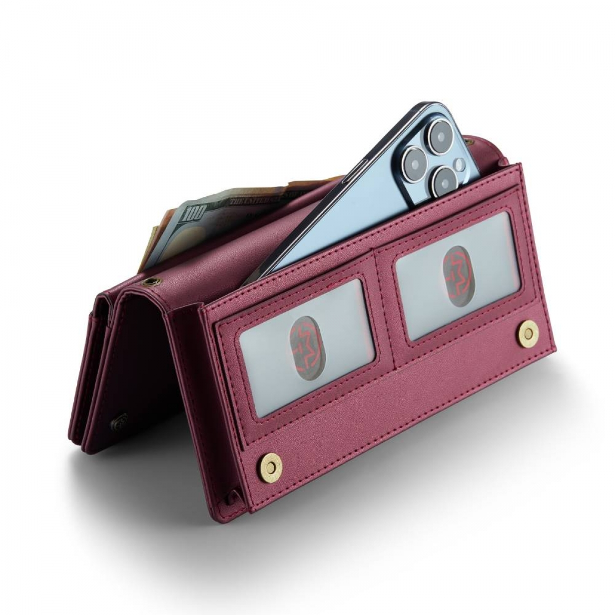 Burgunderfarbenes Leder-Telefon-Portemonnaie geöffnet mit Telefon und Geld darin.