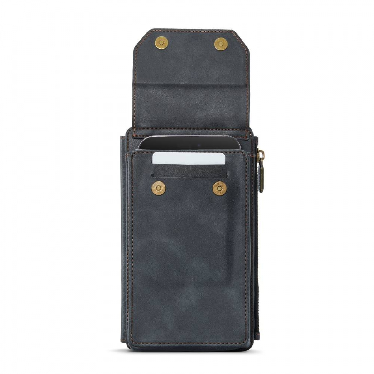 Eine dunkelgraue, lederne Handytasche. Die Tasche ist offen und zeigt ein Telefon und einen Kartensteckplatz.