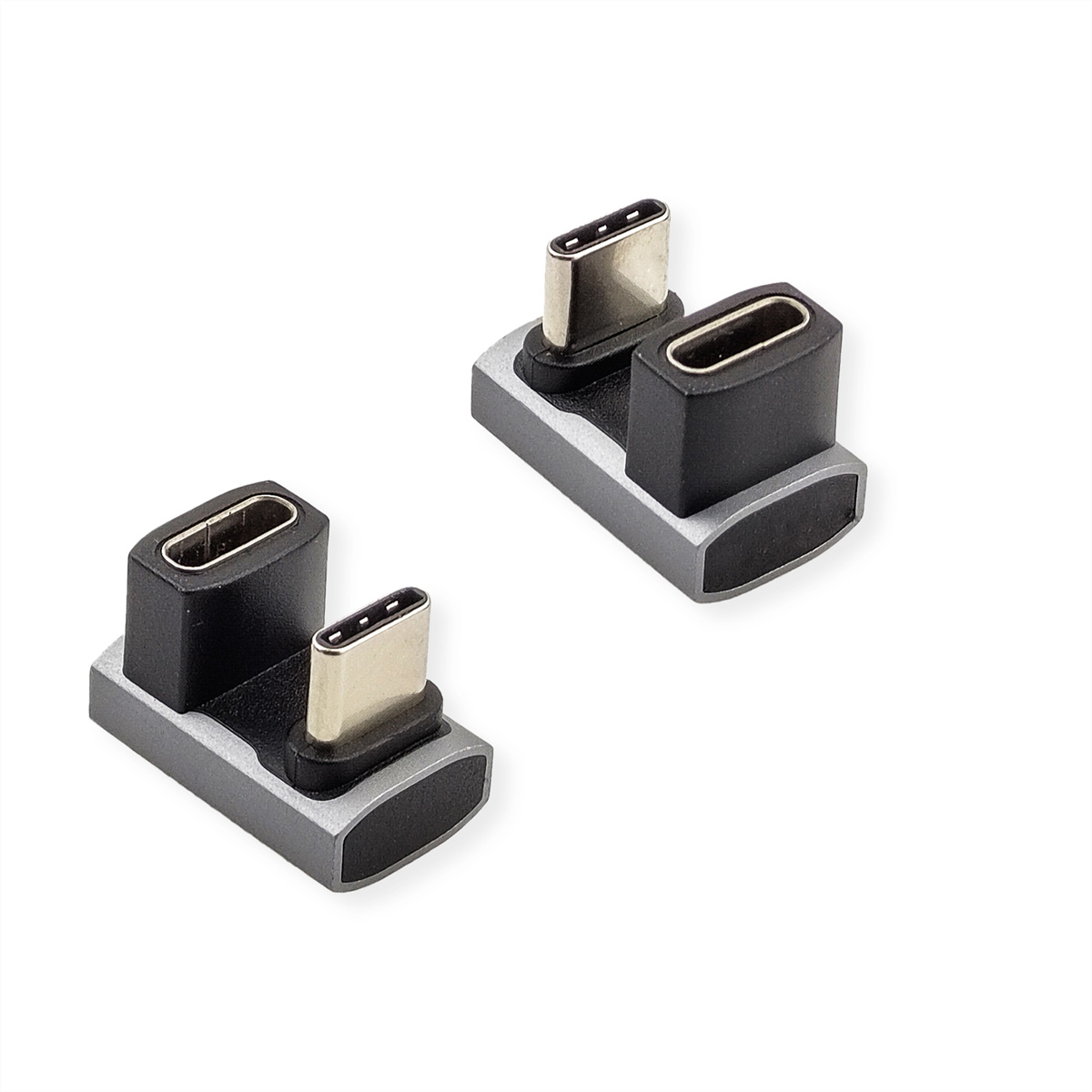 Deux adaptateurs USB-C noirs et gris, à angle de 90 degrés, sur fond blanc.