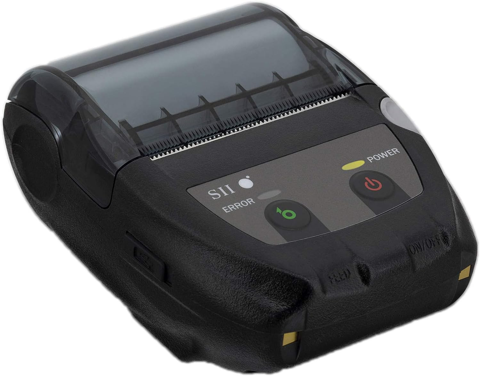 Black portable printer with a transparent top, buttons and logo.