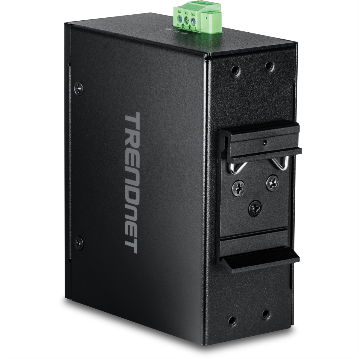 Boîtier métallique noir avec logo Trendnet et borne verte. Conçu pour le montage.