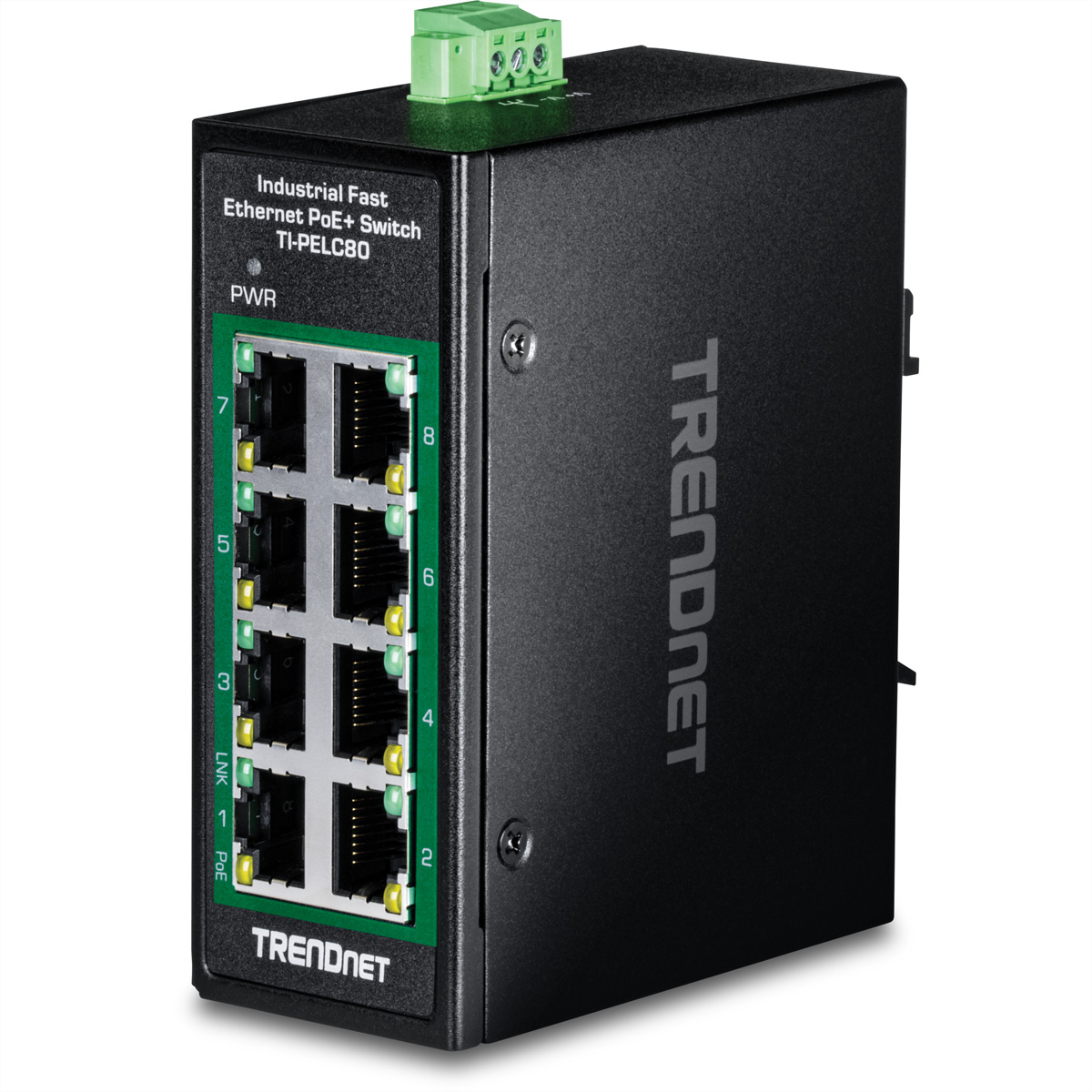 Commutateur TRENDnet noir. Comprend 8 ports. Lumières vertes sur les ports. Fond blanc.