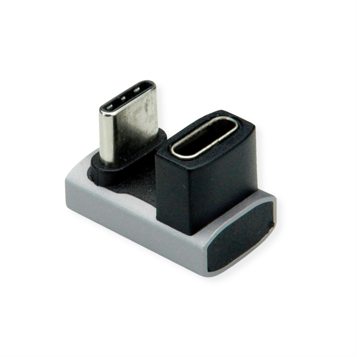 Un adaptateur USB-C argenté et noir, incliné. Deux ports sont visibles, un USB-C mâle, un USB-C femelle.