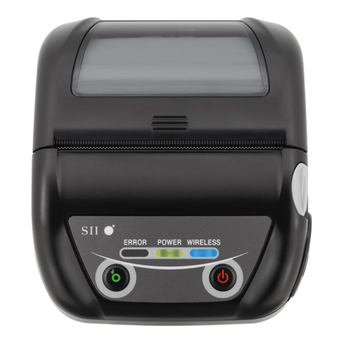 A black printer with error, power, and wireless indicators. There are green, blue, and orange lights. The label is SII.