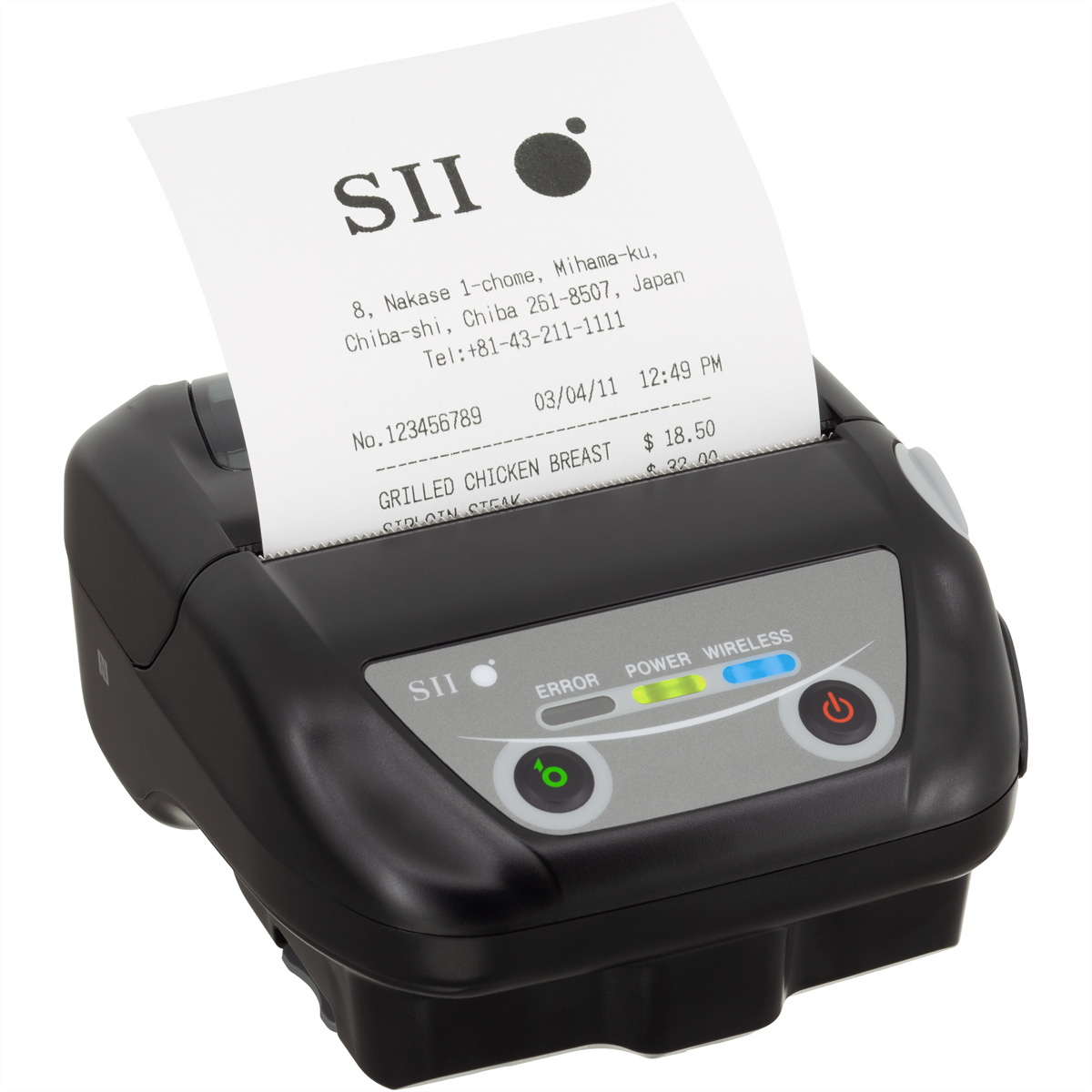 A receipt is coming out of a black printer. The printer has buttons and lights.