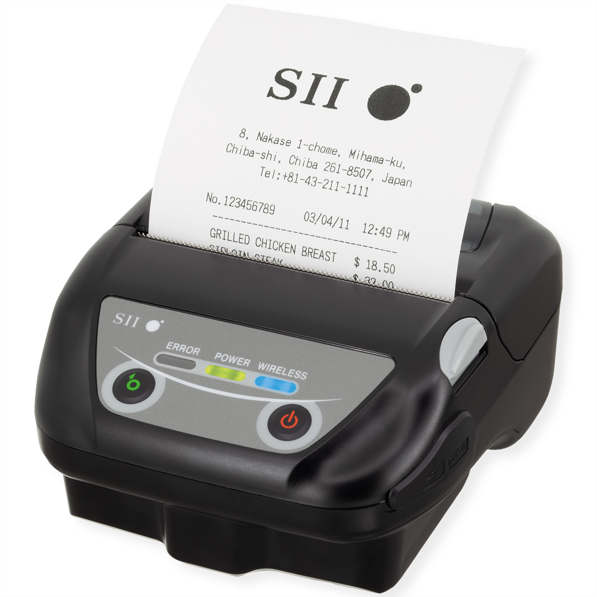 A black receipt printer with a receipt, showing the details. The printer is on a white surface.