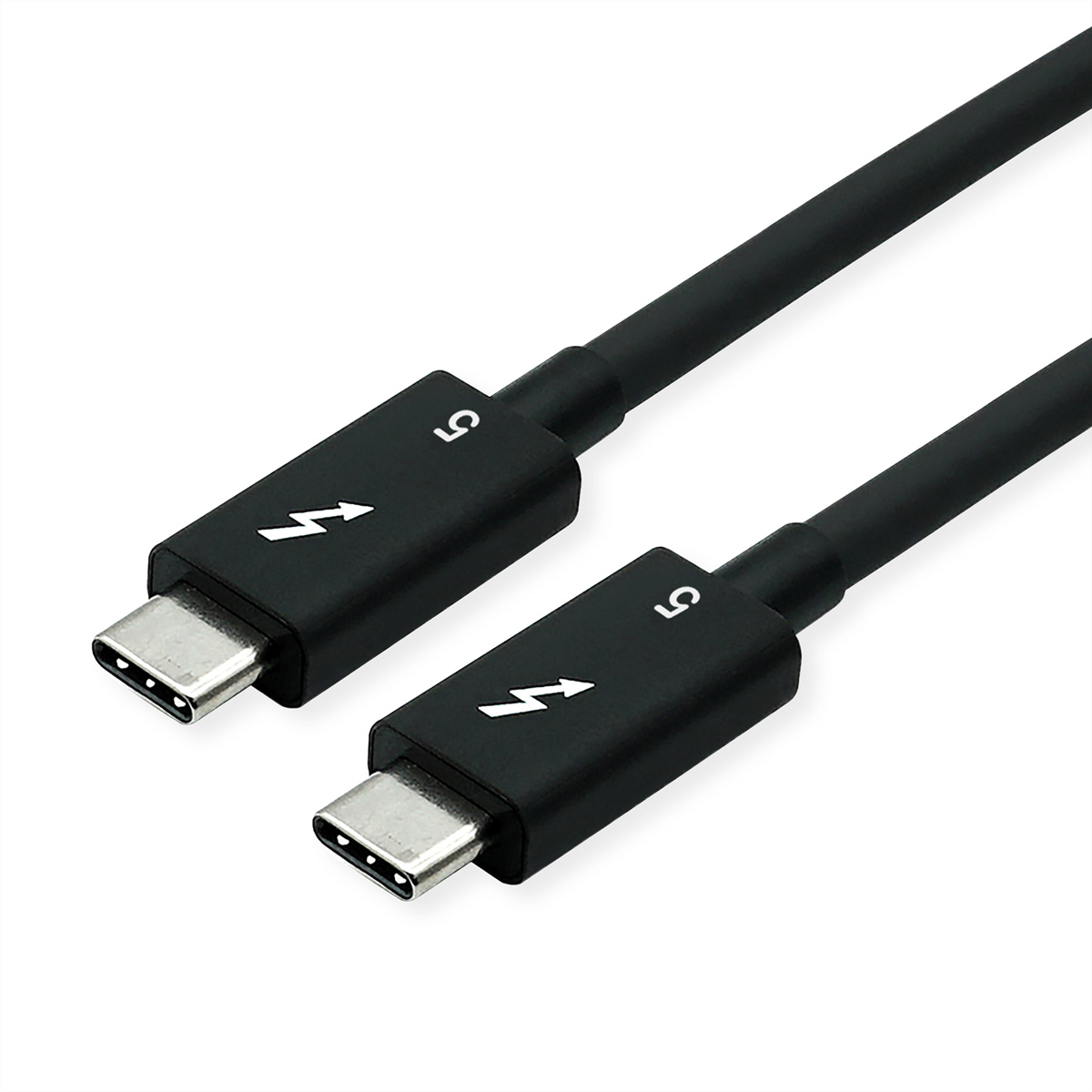 Deux câbles USB-C noirs. Chacun a un symbole d'éclair et le chiffre 5.