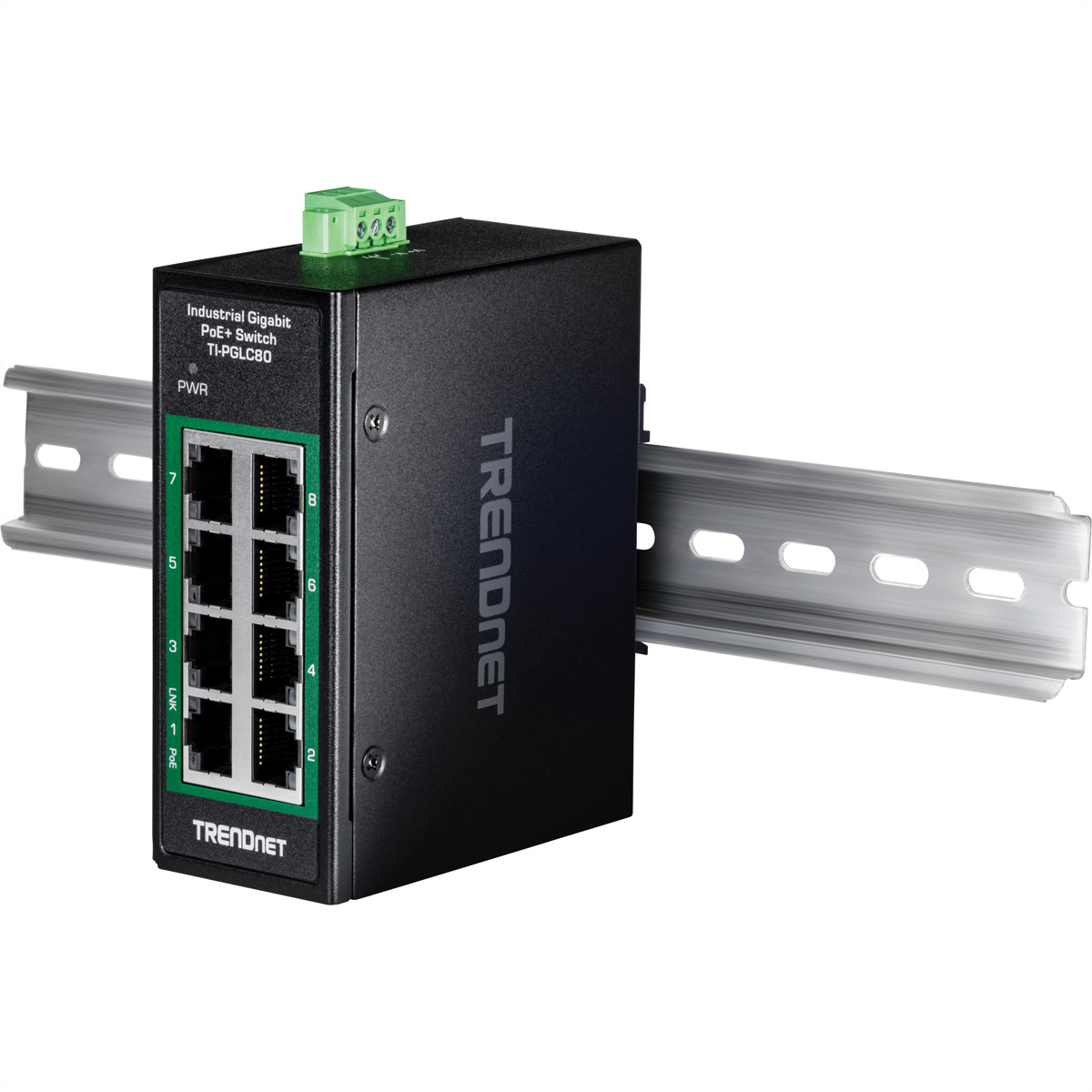 Commutateur PoE+ Gigabit industriel noir, TI-PGLC80, monté sur un rail métallique. Affiche les ports et l'indicateur d'alimentation.