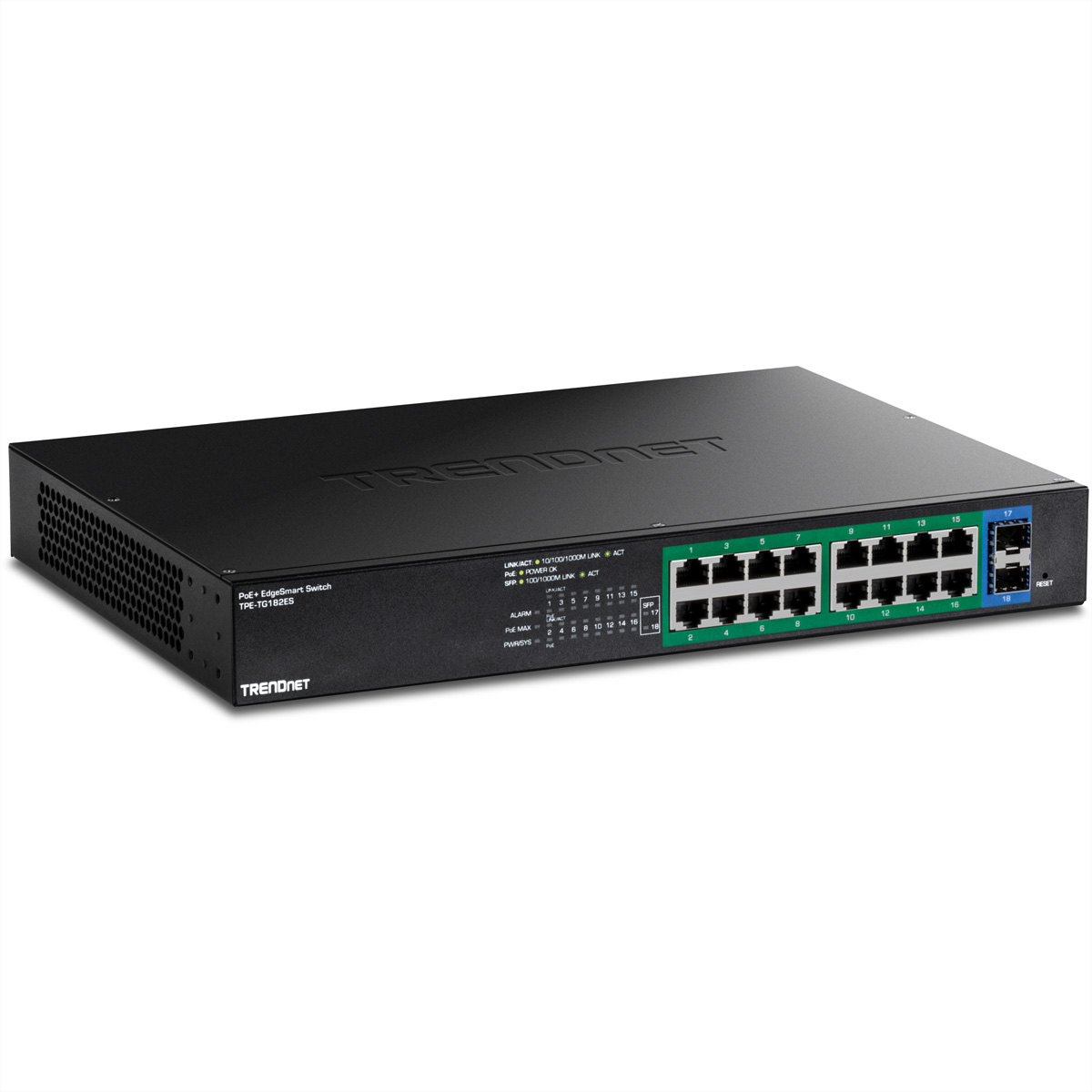 Commutateur intelligent Gigabit PoE+ noir, 16 ports, avec LED vertes, par TRENDnet.